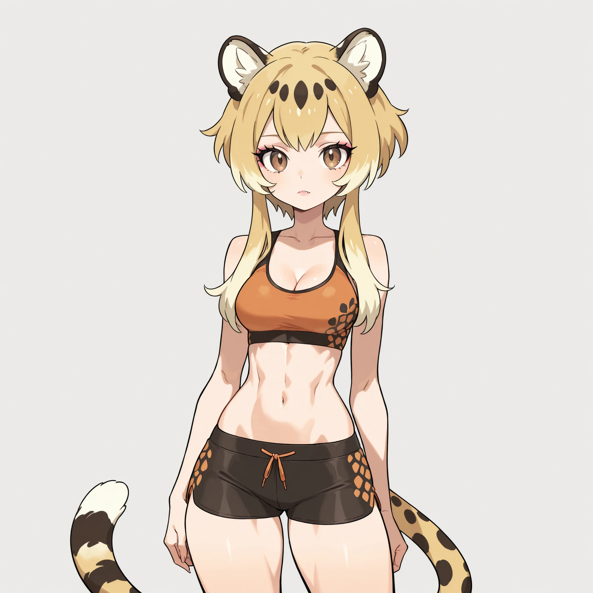 masterpiece, ultra-HD, impressionism, high detail, best quality, very aesthetic, 8K, best quality, beautiful, ultra-high resolution, 32K UHD, sugimorixd, 1girl, solo, short messy ash-blonde hair, cheetah pattern, long locks, almond-shaped eyes, brown eyes, eyelashes, eyeliner, pink lips, sharp fangs, cheetah ears, cheetah tail, medium breasts, narrow waist, wide hips, thick thighs, shapely legs, petite, toned, slim, orange sports bra, cleavage, black lycra shorts, blushed, expressionless, cute, standing, looking at the viewer, simple background, front view
