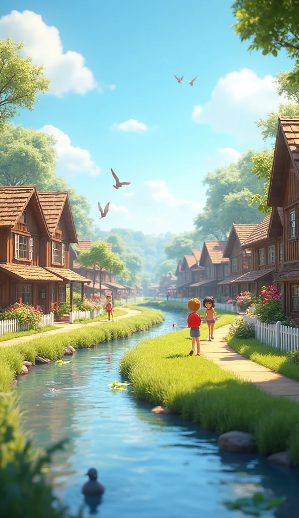 Prompt: A realistic 3D animated American riverside town on a sunny ...