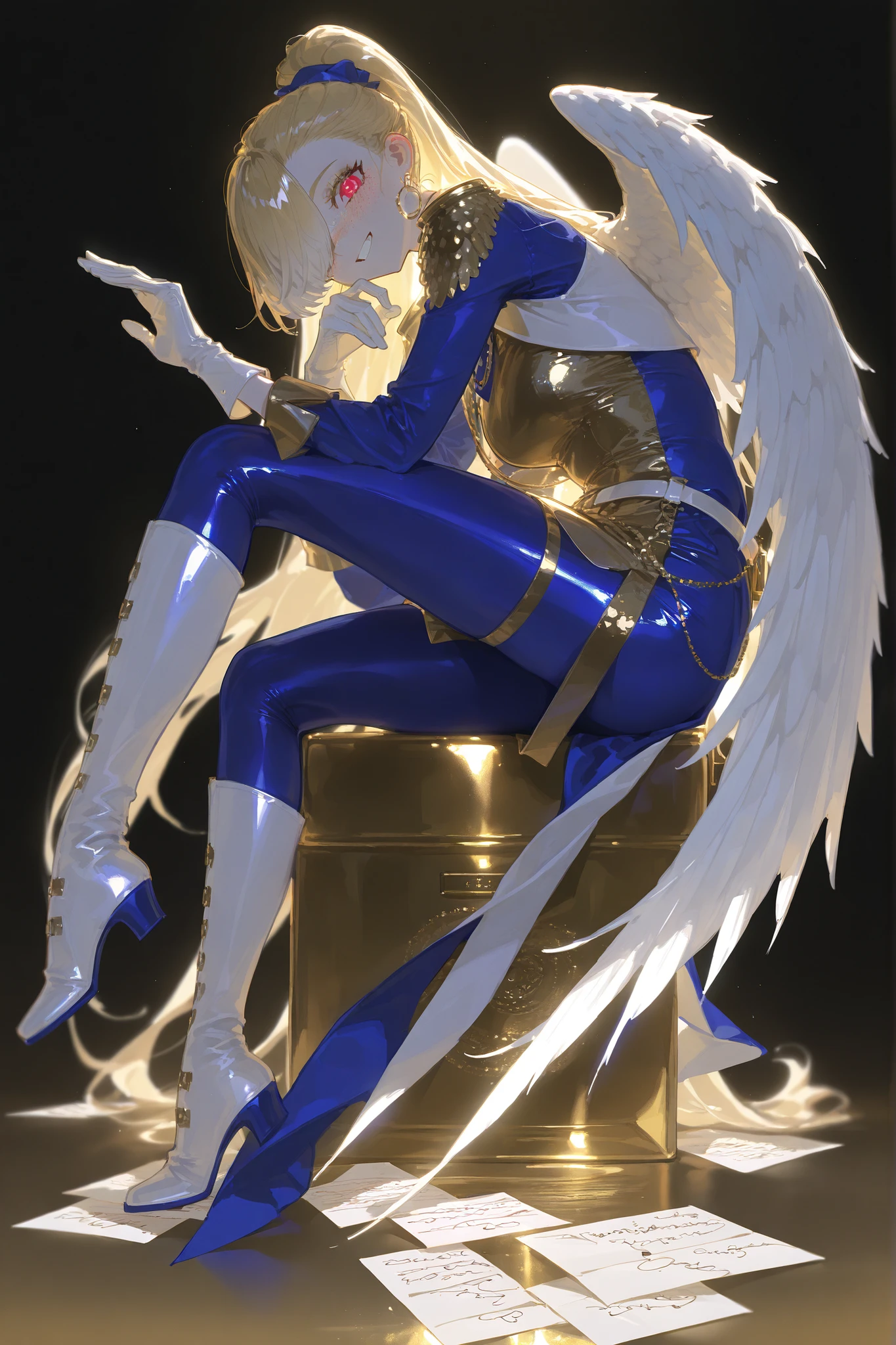 The girl is a magic girl postwoman. She has an athletic build, peach colored skin covered with freckles and blush. She has fluffy blonde longest hair dyed in yellow, pulled back in a high ponytail,she has bangs over one eye. She narrows her sly red eyes and wide smiles. She is wearing a beige and gold bodysuit , a long-sleeved white bolero, blue shoulder pads with wings, and white gloves with golden palms. She wears tight-fitting blue leggings with a low waist, and white hip-high leather boots with gold lapels. She has decorative accessories in the form of white wings and golden hearts on her elbows, back and ankles. She plays the trumpet. (In the background:The magic palace of the post office, red envelopes of letters and white feathers are falling from the sky.)