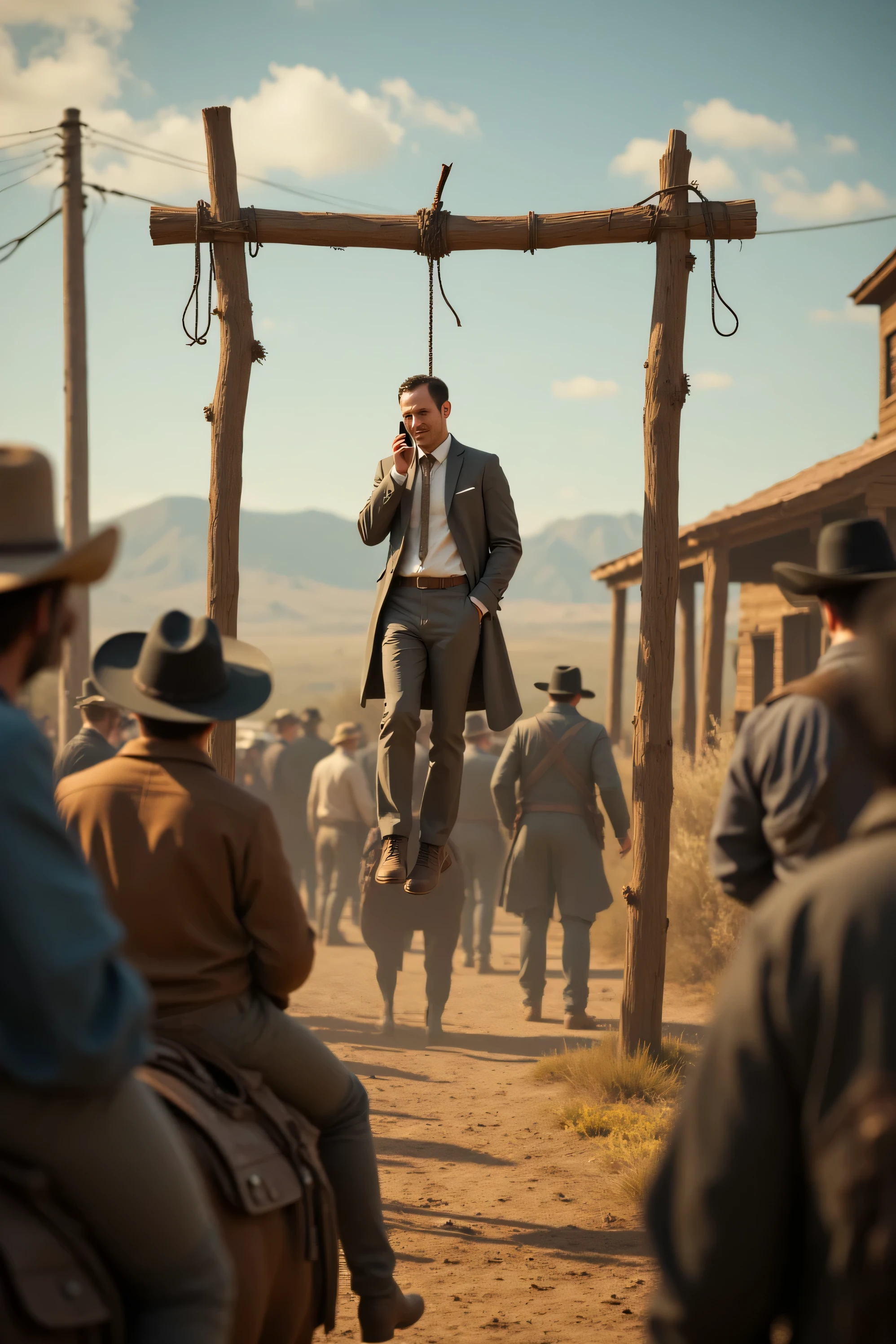The Old West, 1780, Dirty-faced cowboys on horseback drink whiskey and watch a hanging. The hanging man is suspended several feet in the air with a hangman's noose around his neck that is secured to a makeshift hangman's post. The man is dressed in a modern-day suit and tie, with slacks and one shoe on one foot. He hangs there looking just fine, talking away on his smartphone, apparently explaining his unfortunate situation and apologizing for his absence. He smiles and looks at the cowboys who look back at him in astonishment. Ultra-realistic, photo-realistic, ultra-detailed, physically-based rendering, 8k, UHDR, hyperrealistic, cinematic photography, cinematography, full focus, highest quality, masterpiece