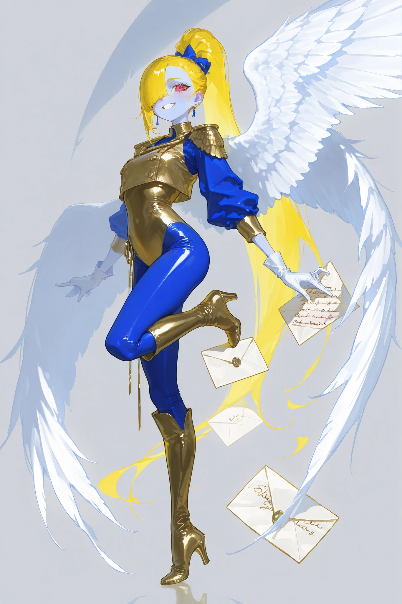 The girl is a magic girl postwoman. She has an athletic build, peach colored skin covered with freckles and blush. She has fluffy blonde longest hair dyed in yellow, pulled back in a high ponytail,she has bangs over one eye. She narrows her sly red eyes and wide smiles. She is wearing a beige and gold bodysuit , a long-sleeved white bolero, blue shoulder pads with wings, and white gloves with golden palms. She wears tight-fitting blue leggings with a low waist, and white hip-high leather boots with gold lapels. She has decorative accessories in the form of white wings and golden hearts on her elbows, back and ankles. She plays the trumpet. (In the background:The magic palace of the post office, red envelopes of letters and white feathers are falling from the sky.)