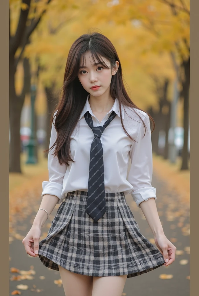 best quality, masterpiece, high sensitivity, high resolution, detailed depiction, Slender Woman, Full Body, Pretty Idol, white pale skin,cute mouth, cute eye, high nose, and the body is plump and a little plump, white skin, smooth skin,a woman with a large breast, reflections, shot with Canon EOS R5, 50mm lens, f/2.8, 8k resolution, ray tracing, perfect hands according to anatomy, 5 fingers, Focus on a beautiful girl Walking Down a Tree-Lined Avenue々Group of, october, during autumn, in autumn, Golden Autumn, golden leaves, autumn season, trending photo, november, autum, beautiful image, beautiful aesthetic, autumn season, beautiful day, in autumn, Sharp pupils, Realistic pupils, long hair, Beautiful dark brown hair, Blunt bangs, Dark blue eyes, Shirt, neck tie, Plaid miniskirt, Black socks, (Have a skirt, Lifting skirt, I can see the white panties:1.3), (Embarrassed look:1.2),