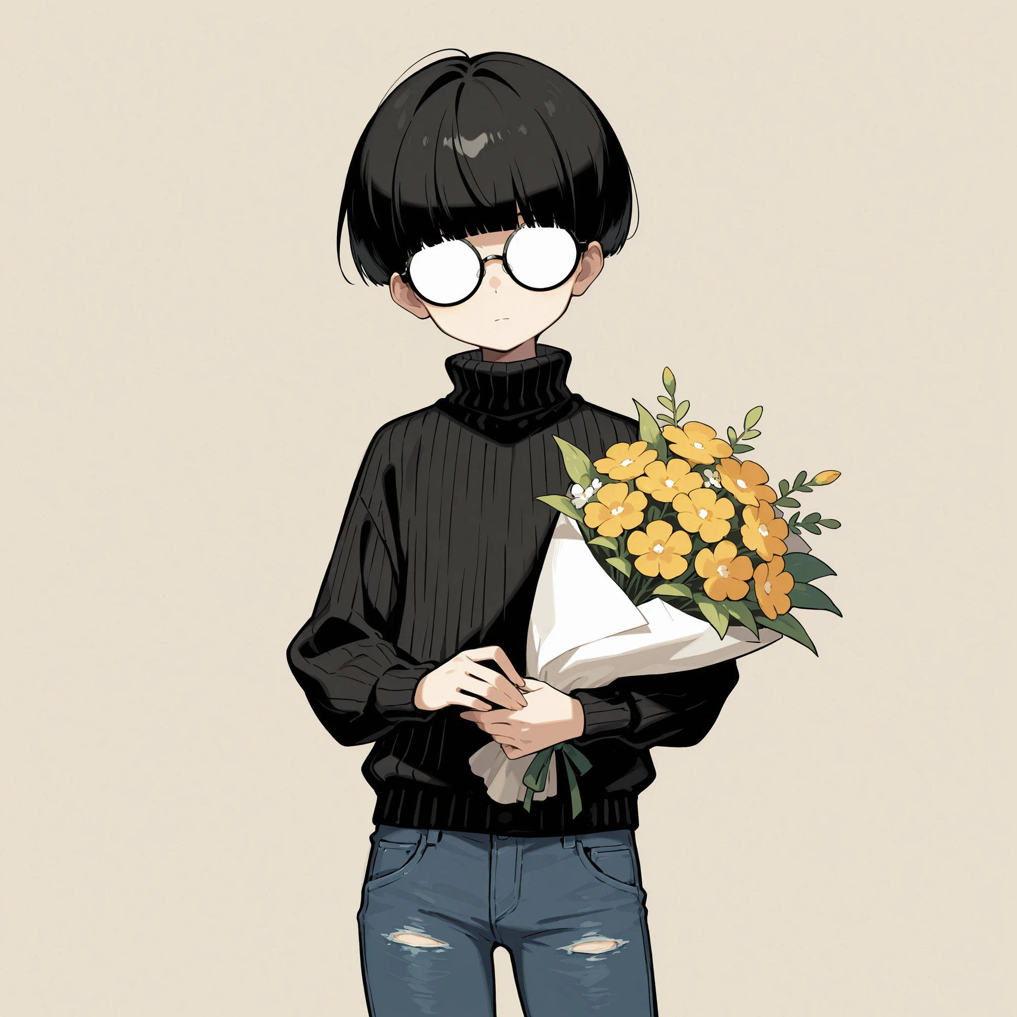 masterpiece, ultra-HD, impressionism, high detail, best quality, very aesthetic, 8K, best quality, beautiful, ultra-high resolution, 32K UHD, sugimorixd, 1man, solo, boy, short black hair, blunt bangs, bowl cut, big glasses, round glasses, opaque glasses, eyeless, slim, black ribbed turtleneck sweater, jeans, expressionless, cute, holding a bouquet of flowers, standing, looking at the viewer, simple background, front view