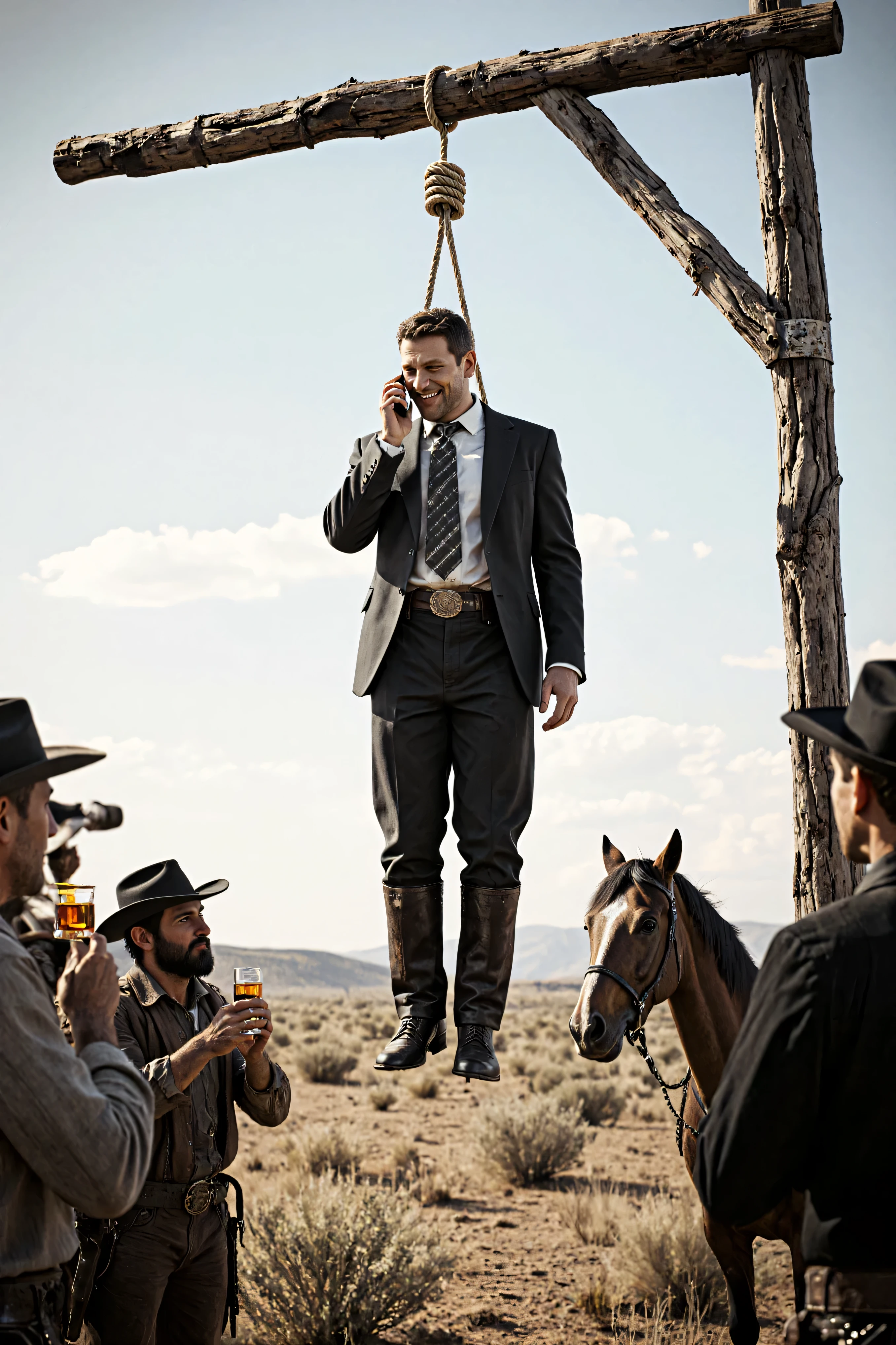 The Old West, 1780, Dirty-faced cowboys on horseback drink whiskey and watch a hanging. The hanging man is suspended several feet in the air with a hangman's noose around his neck that is secured to a makeshift hangman's post. The man is dressed in a modern-day suit and tie, with slacks and one shoe on one foot. He hangs there looking just fine, talking away on his smartphone, apparently explaining his unfortunate situation and apologizing for his absence. He smiles and looks at the cowboys who look back at him in astonishment. Ultra-realistic, photo-realistic, ultra-detailed, physically-based rendering, 8k, UHDR, hyperrealistic, cinematic photography, cinematography, full focus, highest quality, masterpiece