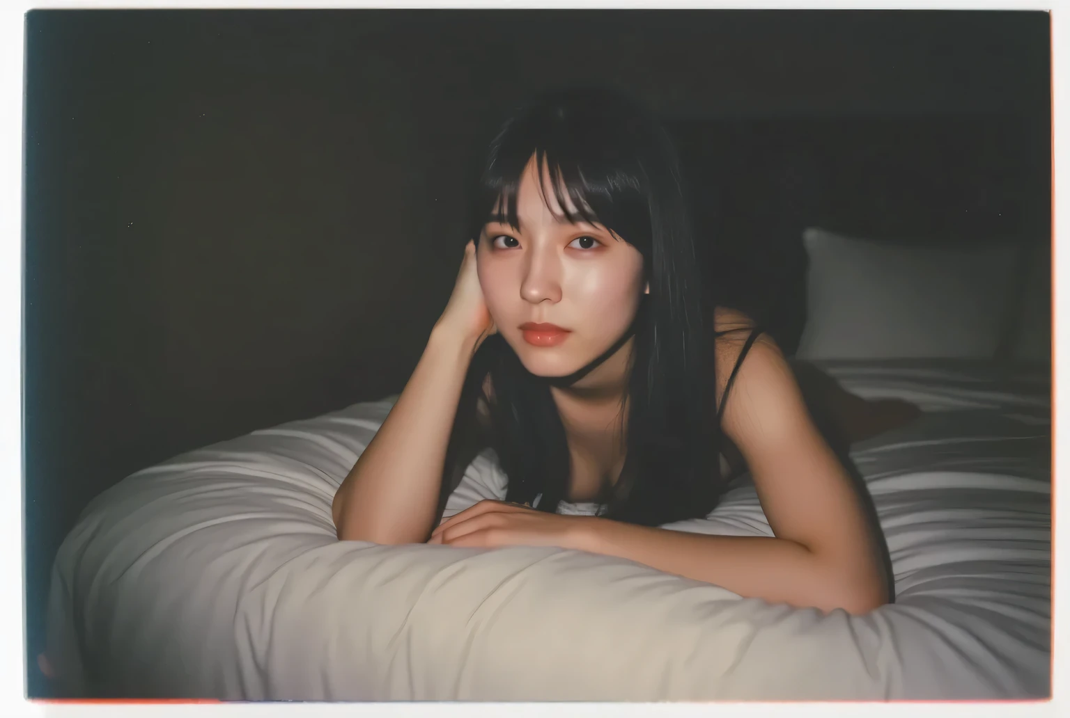 Perfect , Perfect fingers, 1 girl, (Polaroid Photo Quality),dark bathroom、Lights out. side view.
((full nude)), on the bed in the love hotel , A woman with a slender figure is on all fours,side photo.
she has long, straight black hair.視線は正面.
(photo taken with Polaroid).