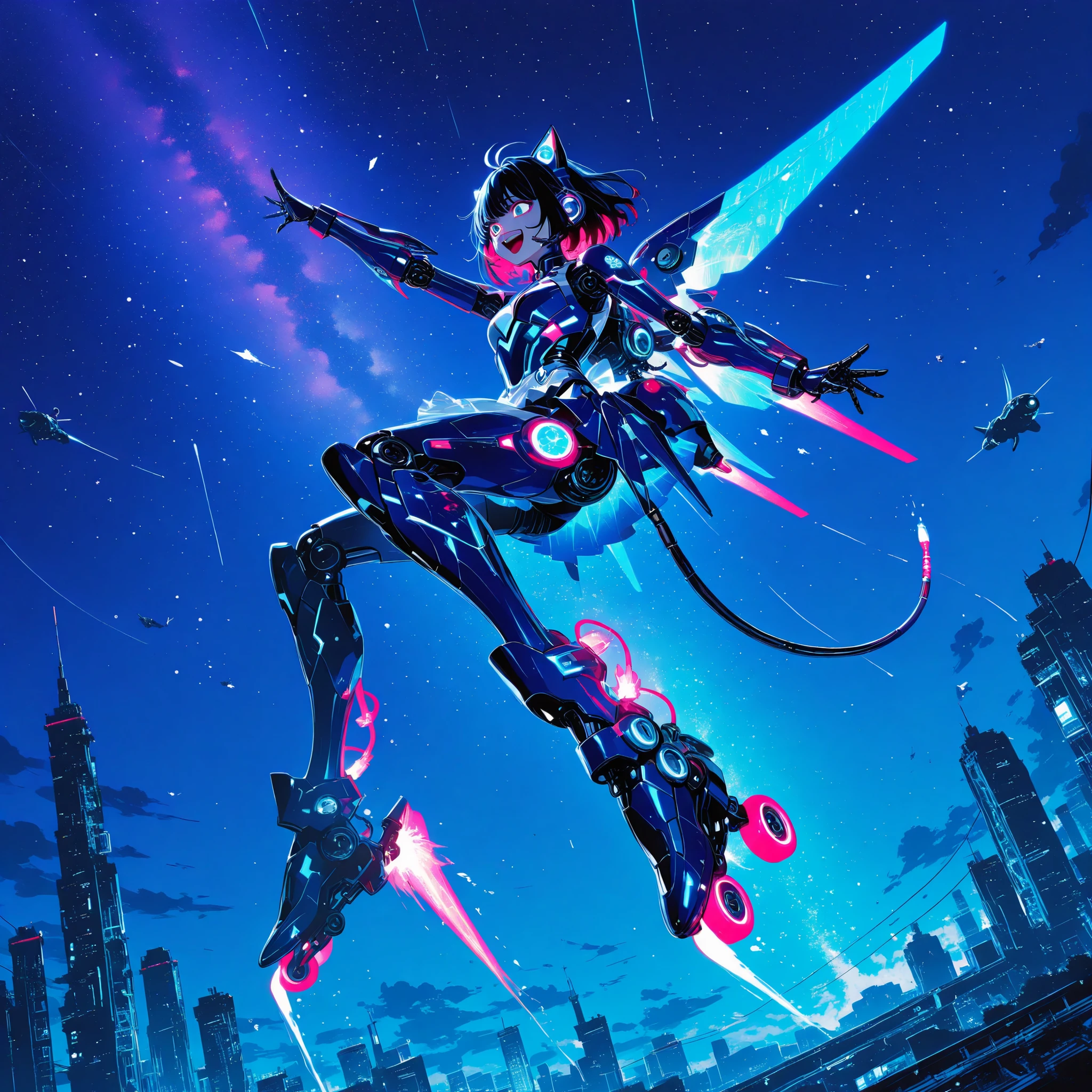 masterpiece, best quality, clean cel-shaded cartoon style, bold crisp linework, ultra-vibrant blue/red palette;
jester half-robot female mid-air jump captured from worm’s-eye low-angle, roller skates transformed into armored mechanical boosters with neon glowing wheels;
joyful big smile, short dark hair with streak ribbons, futuristic metallic cat ears glowing with deep blue accents, blue robot-headset with antenna, tiny robotic jetpack sparking with thrusters;
sleek armored apron outfit instead of casual clothing, white and midnight blue plating with glowing circuitry lines, segmented armor skirt plates fluttering, reinforced gauntlets and knee armor, neon-lined boots;
arms outstretched with mechanical joints and glowing pistons visible, metallic tail-like energy cable trailing behind her;  
vivid sci-fi urban park background with futuristic ramps and glowing rails, night sky and puffy cream clouds, faint hovering drones instead of birds;
dynamic motion lines, playful neon holographic sticker patches across the armor, high saturation, minimal soft shading, graphic poster vibe;  
clean background, no text, no watermark