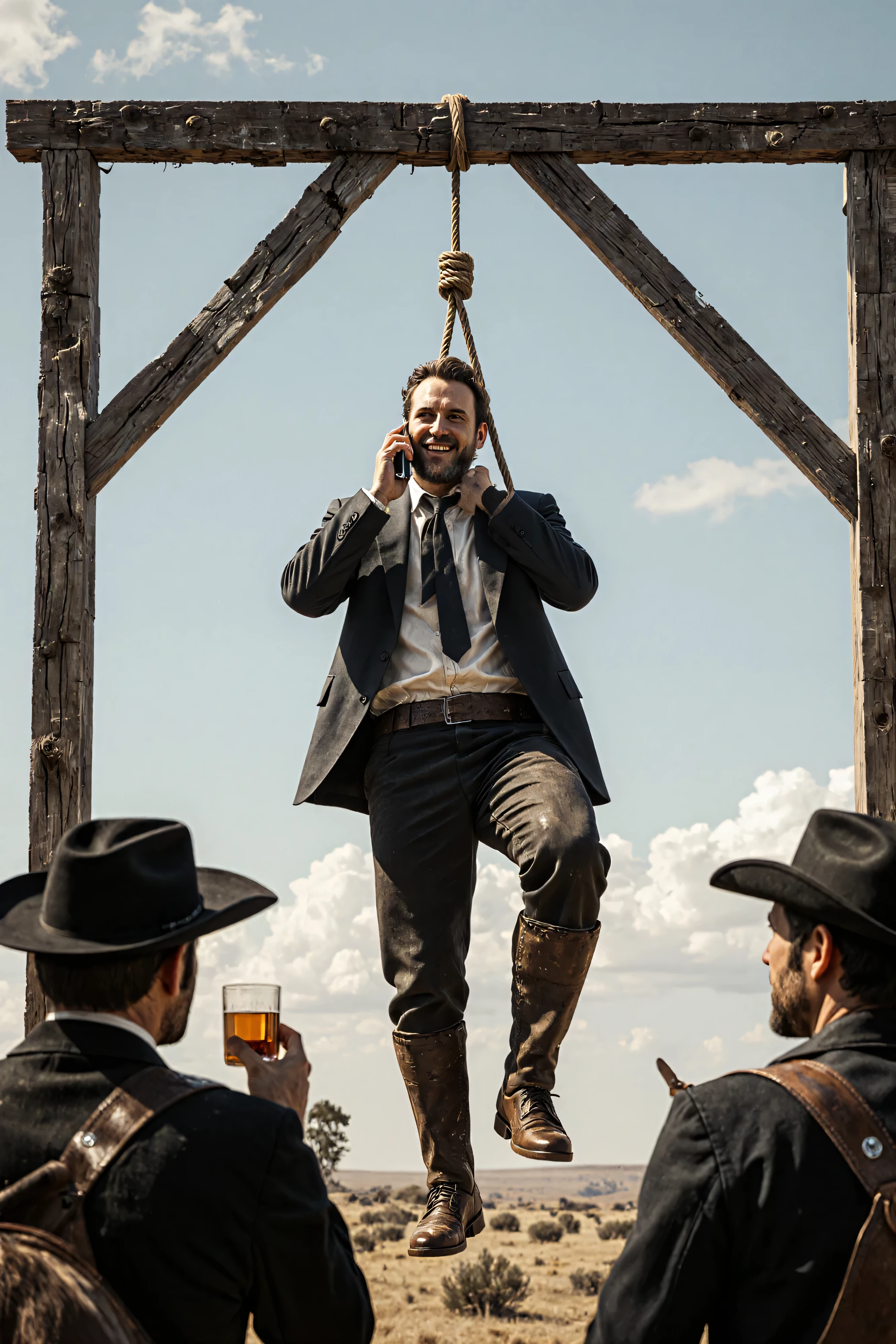 The Old West, 1780, Dirty-faced cowboys on horseback drink whiskey and watch a hanging. The hanging man is suspended several feet in the air with a hangman's noose around his neck that is secured to a makeshift hangman's post. The man is dressed in a modern-day suit and tie, with slacks and one shoe on one foot. He hangs there looking just fine, talking away on his smartphone, apparently explaining his unfortunate situation and apologizing for his absence. He smiles and looks at the cowboys who look back at him in astonishment. Ultra-realistic, photo-realistic, ultra-detailed, physically-based rendering, 8k, UHDR, hyperrealistic, cinematic photography, cinematography, full focus, highest quality, masterpiece
