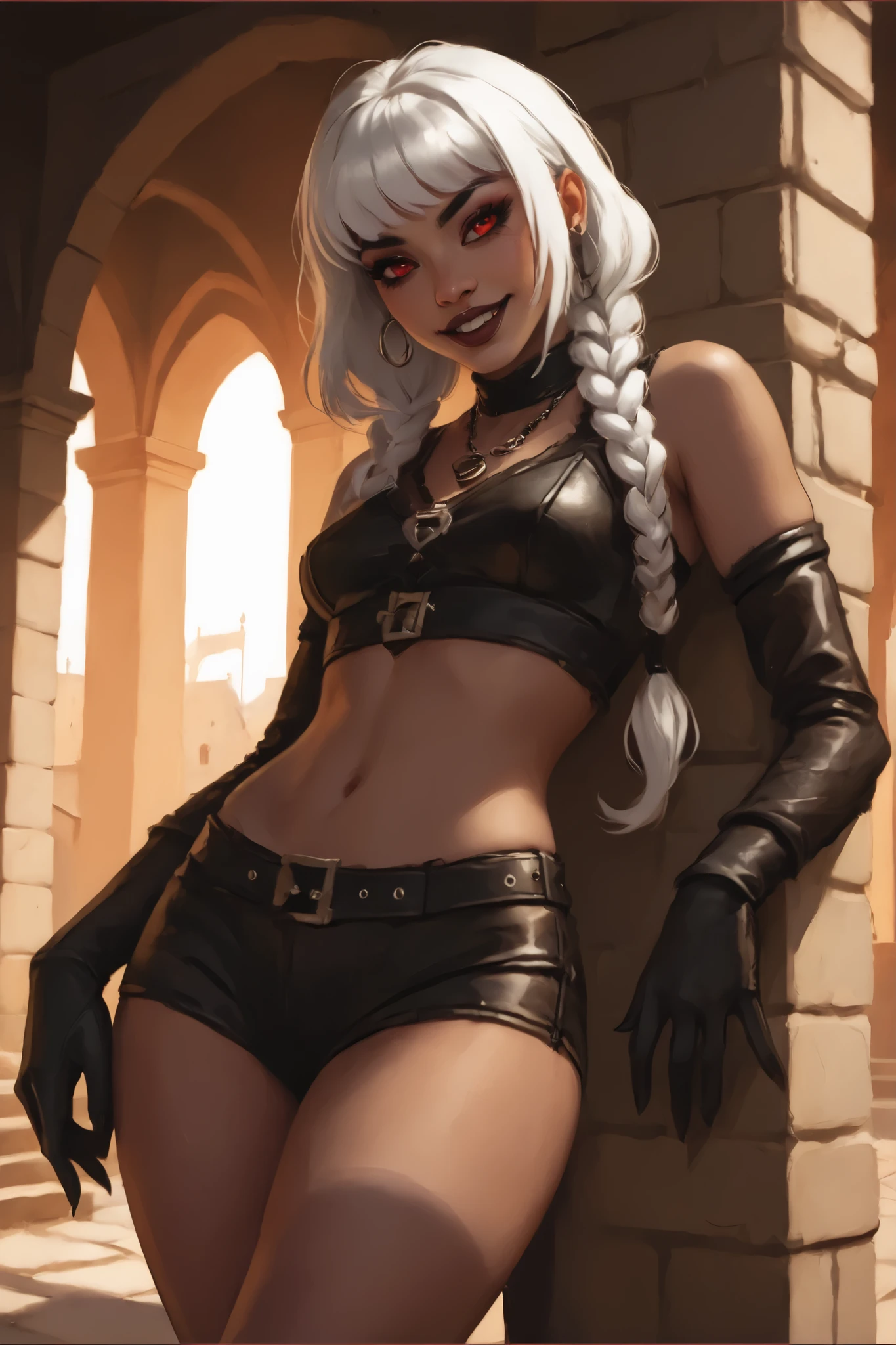 Goth girl. Albino skin. White skin. Sombra from Overwatch with white and dark hair, deep red-coloured eyes, slanted Asian eyes, black eyeliner, with sharp teeth, athletic body and abs. Black lipstick. Full lips with sharp teeth. Slender and athletic. Slim waist. Cute, round and young face. White highlights in her hair. She wears old black snake-leather maid-dress with snakeskin-texture. Silk undershirt. Intricate corset. She also wears an amber necklace. She has small . She smiles awkward-ly. Atmospheric lighting. She looks like Wednesday Adams. Box-art. DnD-art-style, oil painting. Looking at the viewer. Background: Spanish medieval town, hdr colours