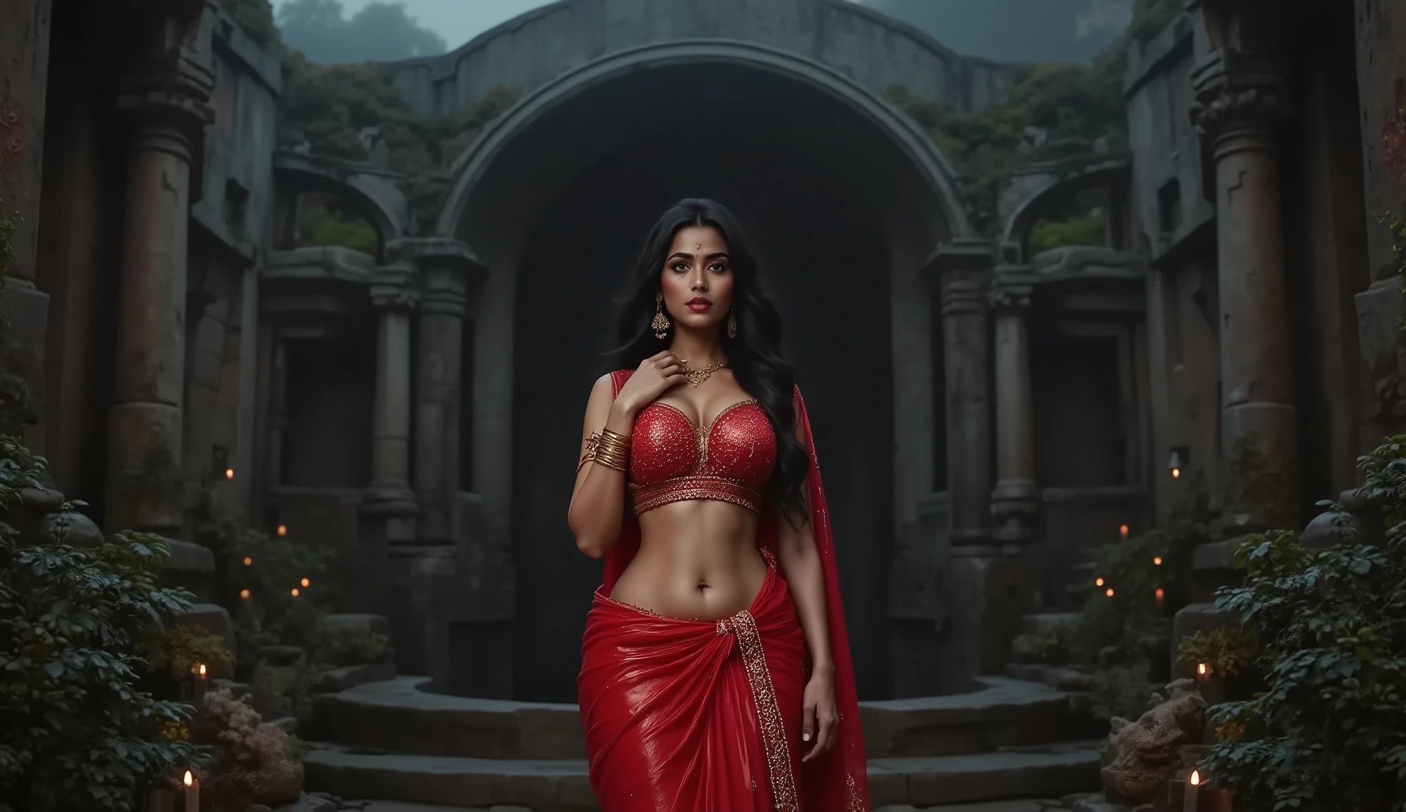 Full hd image of a very beautiful indian young girl wearing light saree and blouse curvy figure big hips who is standing near the old big open well dark scary night full picture 