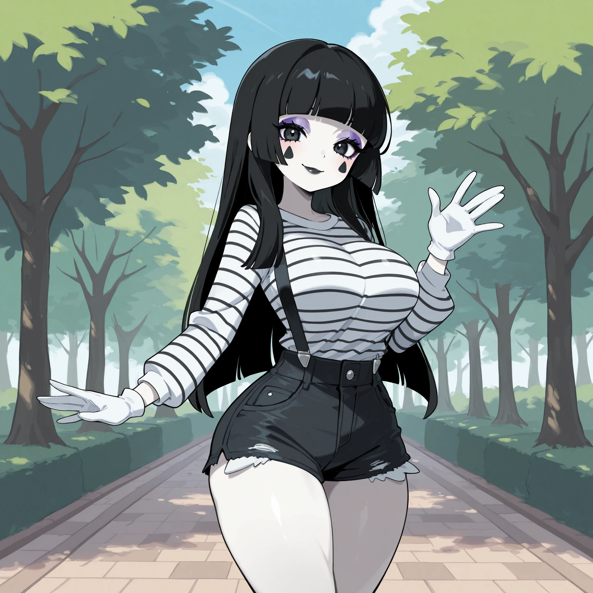masterpiece, ultra-HD, impressionism, high detail, best quality, very aesthetic, 8K, best quality, beautiful, ultra-high resolution, 32K UHD, sugimorixd, 1girl, solo, mime, long black hair, hime cut, blunt bangs, almond-shaped eyes, black eyes, eyelashes, eyeliner, black lips, white skin, pale skin, mime makeup, black triangle facial markings, big breasts, narrow waist, wide hips, thick thighs, shapely legs, slim, long sleeves striped t-shirt, black denim shorts, white gloves, suspenders, smile, cute, waving hands, standing, looking at viewer, park background, from the front view