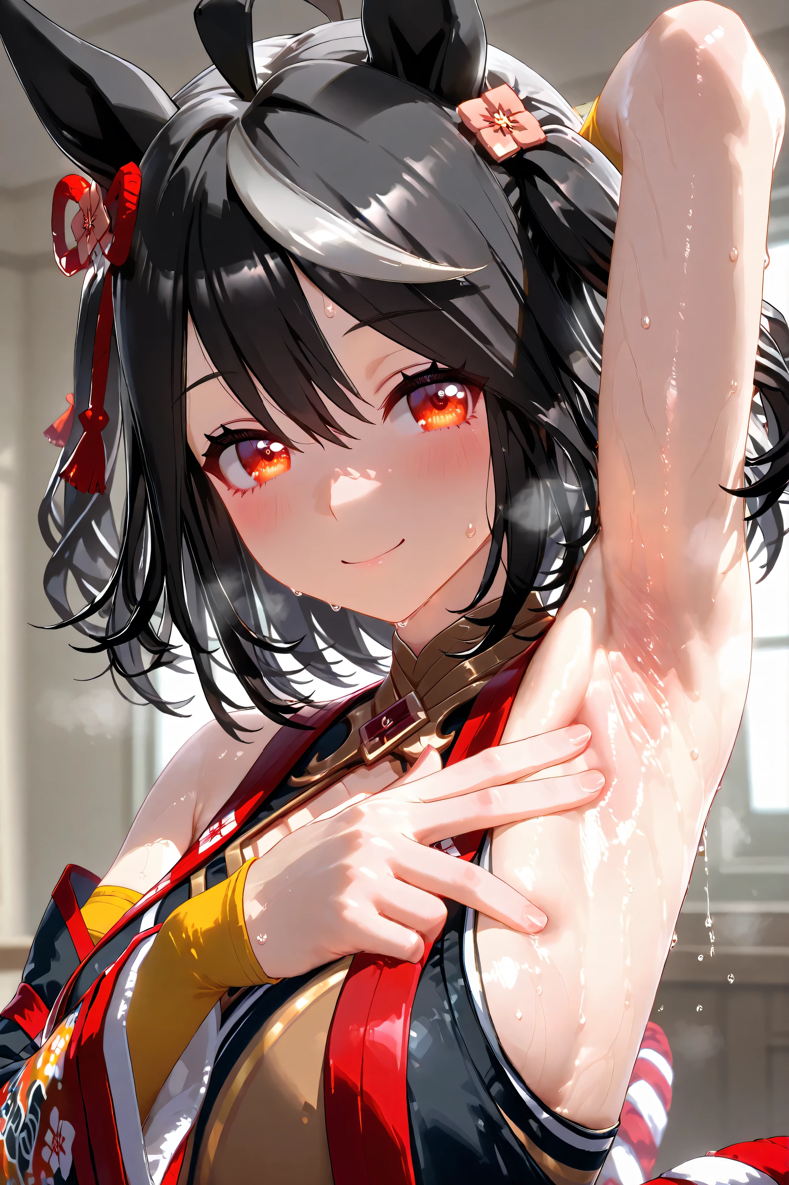 Suchwet,ummsmingame, 3d, kitasan black \(umamusume\),,cute face,,armpit close-up、 Armpit close-up、sweat springs out of my armpits、Take a close-up shot of the side、sweaty、Female body glowing with sweat、dripping armpit sweat、sweat springs out of my armpits、sweaty、Female body glowing with sweat、dripping armpit sweat、v, spread armpit, presenting armpit, large breast, 8K ultra-high image quality、bewitching gaze、8k highest quality