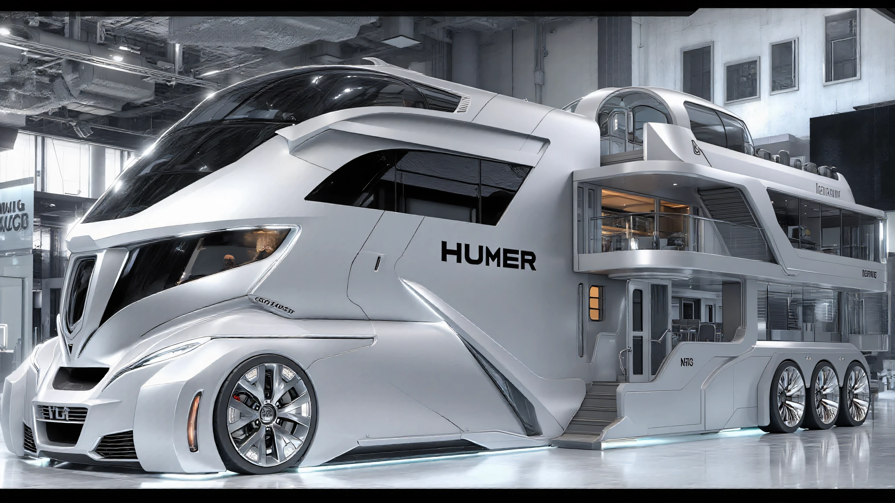 DE_style, A hyper-realistic, futuristic luxury motorhome designed like a massive Hummer vehicle inside a bright, spacious car showroom. The motorhome has an ultra-modern, angular, and aerodynamic exterior design with sharp edges and glossy metallic silver-gray paint. It is extremely large, resembling a combination of a luxury RV and a futuristic armored vehicle, with multiple decks and sleek tinted windows. On the side, bold black text reads “HUMMER” in capital letters.
The vehicle has large, futuristic alloy wheels with intricate spoke designs, low-profile tires, and a powerful, dominant front fascia featuring sharp LED headlights and bold angular body lines. The structure includes an upper deck with open sections, glass railings, and visible luxury interiors. A staircase leads to the upper level, emphasizing its multi-story design. The overall styling is futuristic, blending luxury yacht aesthetics with a rugged armored vehicle feel.
The background is a big modern showroom with polished marble flooring, wide open space, and bright ceiling lights with a metallic industrial ceiling design. Reflections of the vehicle appear on the glossy floor. On the side walls of the showroom, the word “HUMMER” is written in large, bold, black capital letters, reinforcing the branding. The environment is clean, futuristic, and luxurious, making the Hummer motorhome the centerpiece of the scene.