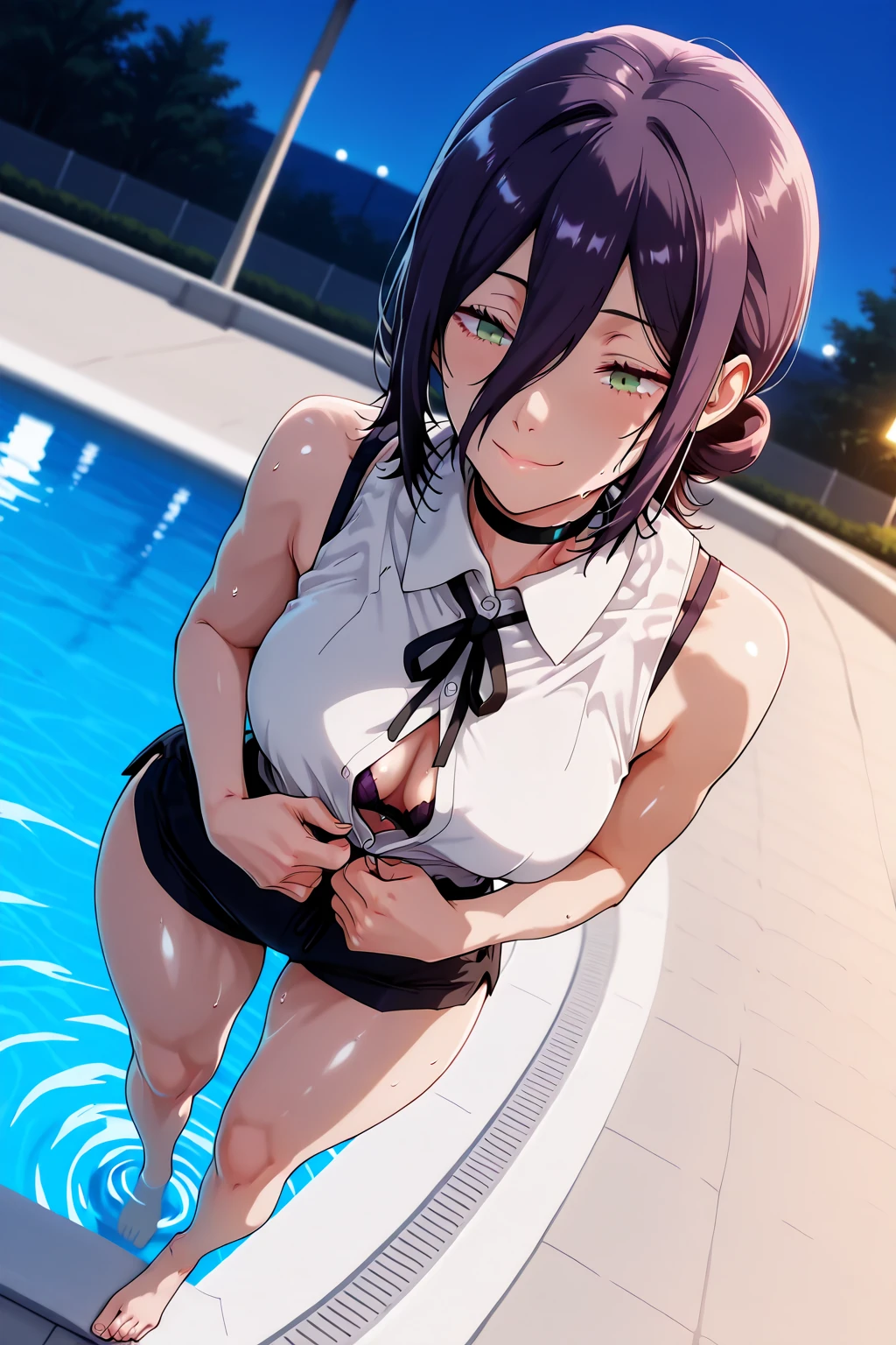 (masterpiece), best quality, (16k), expressive eyes, perfect face, BREAK, office lady, 1 girl, solo, large , navel, BREAK, (()), (((wet cobalt blue solid pencil mini skirt))), BREAK,  arms,  legs, shiny skin, wet body, BREAK, black hair, very short hair, wet hair, black eyes, BREAK, outdoors, in the pool, wading, night sky, standing, sad, :o, (cowboy shot), (), BREAK, 