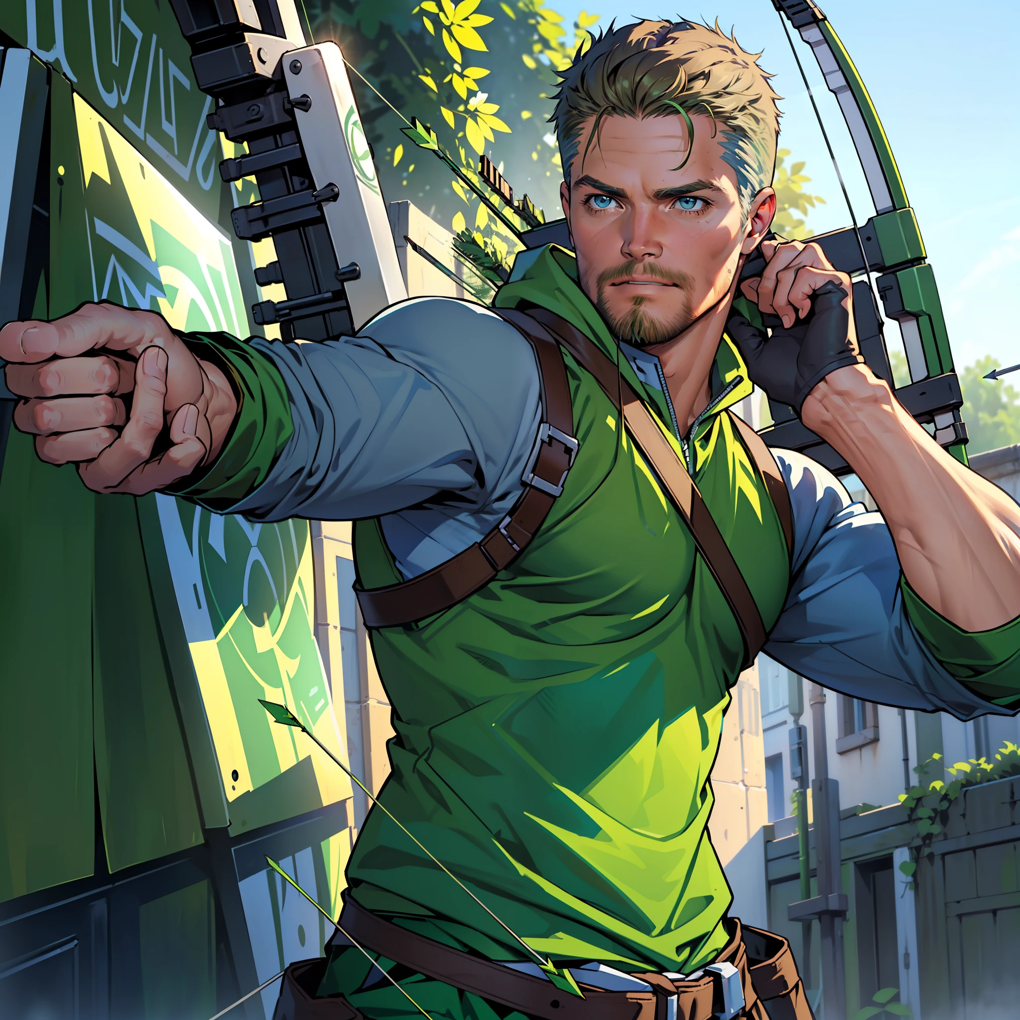 (((1 man in action))),(((lding his crossbow in his left hand ... aiming.... Shooting his arrows..... Running.... ))) , male focus solo,45 yo man,(((Stephen AMELL as green arrow WITH PERFECT ANATOMY))), (((shooting arrows from his CROSSbow, in action ))), (((lean muscle perfect anatomy))), open shirt, pants and brown boots, green finger gloves ,( bulge), full body shot, dark blond short hair, well groomed facial hair , ultra high quality, masterpiece, (((( blue and white and green arabesques lines in the background))))