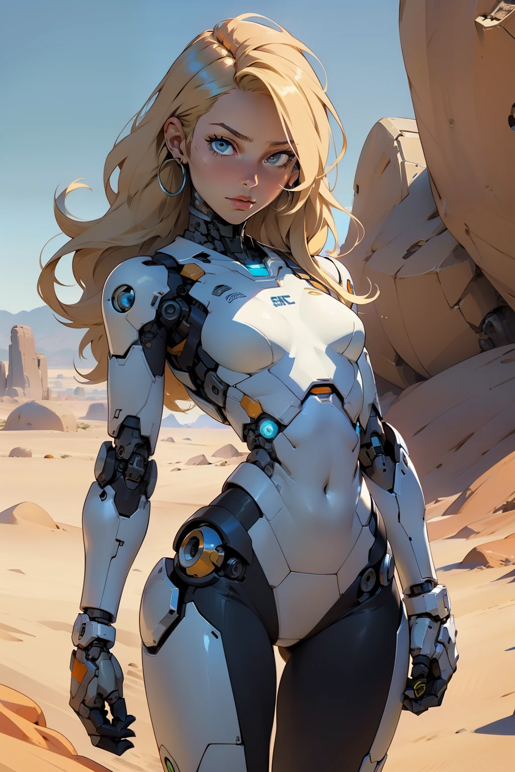 high quality, 4k, masterpiece, beautiful, cyborg girl, cowboy shot, dull eyes, looking at viewer, long blonde hair, girl, small breasts, fit thigh, robotic arms, robotic body, cyborg body, yellow accent, intricate detail, joint, detailed lines, robotic detail, holding fist up, holding hand up as fist, orange color robotic parts, robotic parts with color, perfect fingers, on a desert planet, sunny background, colorful desert,