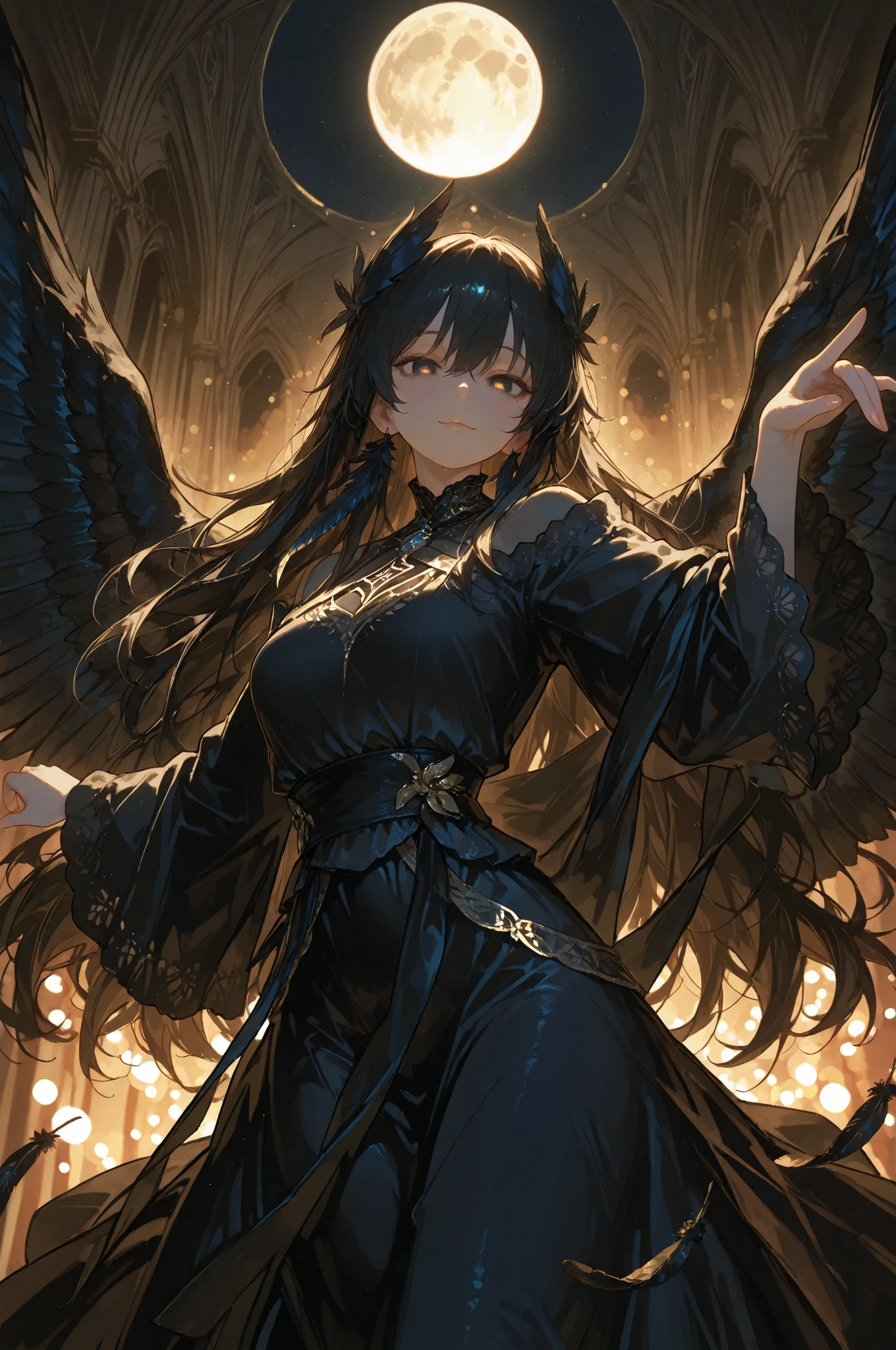 (Black-dyed wings fall before a lady), exploring the secrets of wings, a dark world illuminated by a full moon, a beautiful woman surrounded by sacred light, a solitary existence attracted by forbidden power, exquisite feather details, the dejected expression of a beautiful woman, feathers dancing, high resolution, ultra-fine, realistic, high dynamic range, ultimate texture depiction Vivid and bokeh*********,748cmstyle,,,Top quality, masterpiece, original photo, ultra-high resolution, ultra-high quality, super detail, 8k picture quality, ultimate quality, detailed description, symmetrical eyes, detailed and beautiful face, extremely detailed cg,