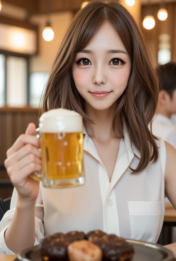 A very cute face like an idol、Looks like a young face、20-year-old female、Gentle and cute、A kind smile、、A crowded bar、Toast with a beer mug、Cinema lighting、Natural light、whole body、RAW Photos、Genuine、Artistic、(High level of artistry)、High quality that is indistinguishable from real life、realism、Real Stick、High resolution、masterpiece