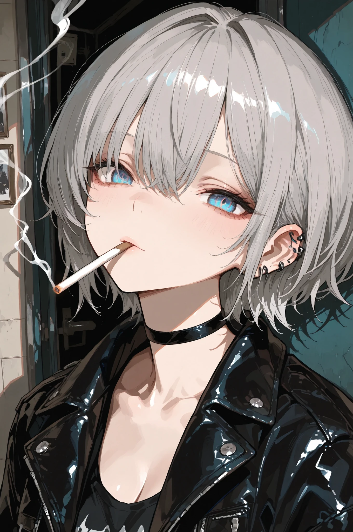 Gray Hair, Wolf tail hairstyle, blue eyes, Black Leather Jacket, wearing collars, perforation, Smoking*********,748cmstyle,,,Top Quality, masterpiece after sex, Original Photo, Ultra High Res,  super high quality, super detailed in the door frame, 8k quality, ultimate quality, human scarecrow,  Symmetrical Eyes , Delicate and pretty face, Extremely Detailed CG,