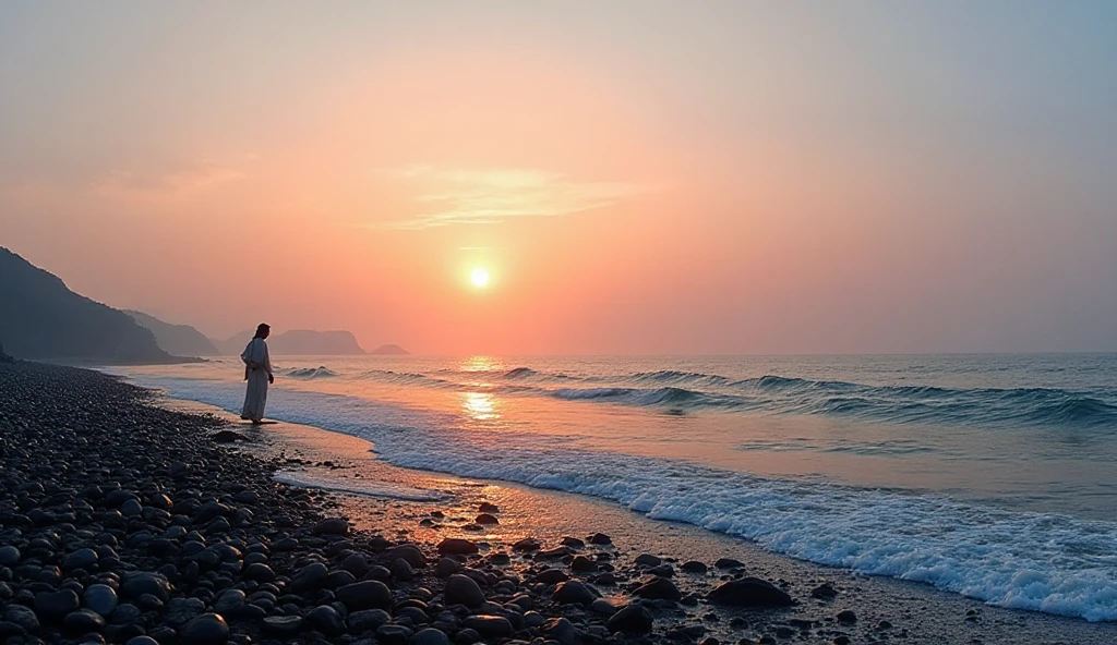 8k, Vivid picture quality, Vivid picture quality, long deserted beach, walking slowly from afar, Short hair, beautiful appearance, Model-like body, sunset의 붉은 빛, sunset, alone, afternoon, depressed, tide가 밀려온다, rain, medium size black umbrella, ocean, tide, wind, rain가 내리는, Short and slim Korean woman, tower, White shorts, rain가 내리는, walking on the beach with a black umbrella, the sun is just above the horizon