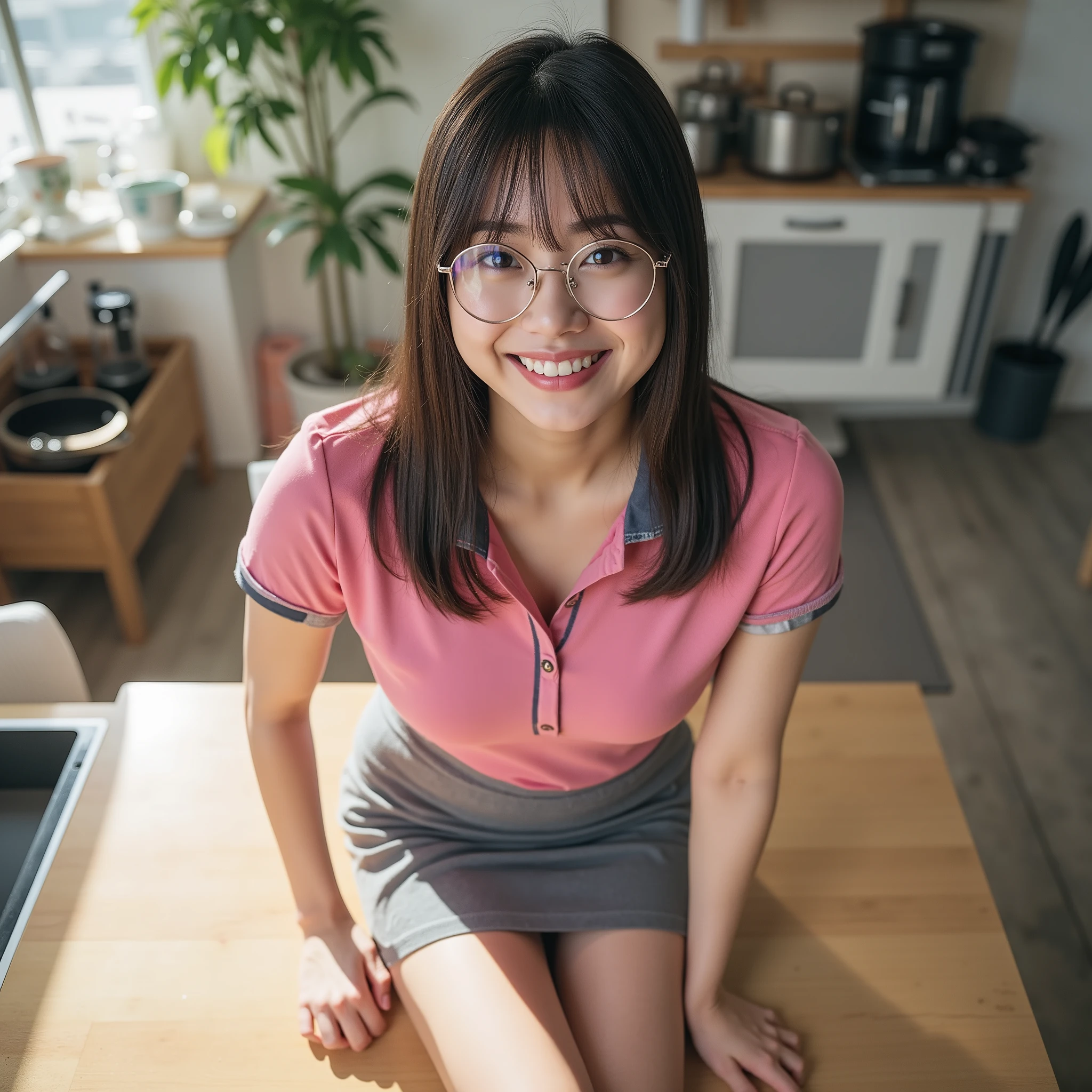 『1 Japanese girl from above at close range:1.3』『Original photo:1.3』Highest Quality:1.2、((Saggy big breasts、 thin waist :1.9))、A little cleavage、((24 year old woman))、without makeup『show your teeth and smile:1.9』、(((anatomically correct、Perfect Anatomy、anatomically correct指)))、realistic, Highest Quality, ultra high res, Original photo, (thin waist:1.5)、Saggy Eyes、round face outline、Full body photo、
、 bright light、 bright room、 ultra high res、 Original photo 、8k、Shot on iPhone 15、 Detailed skin type、Active women、Age 35、(mature women)、、Laughter、 Cover your ears 、4 leg hairs stand in front、(( sunny kitchen ))、 I have pots and pans in the kitchen 、( very tight pink polo shirt 、Only the collar is a different color )、( short hair)、 dark haired、 long bangs、(( detailed photos ))、 super tight gray skirt 、((Sitting in the Kitchen))、(( メガネ o no half body ))、(( open the leg))、