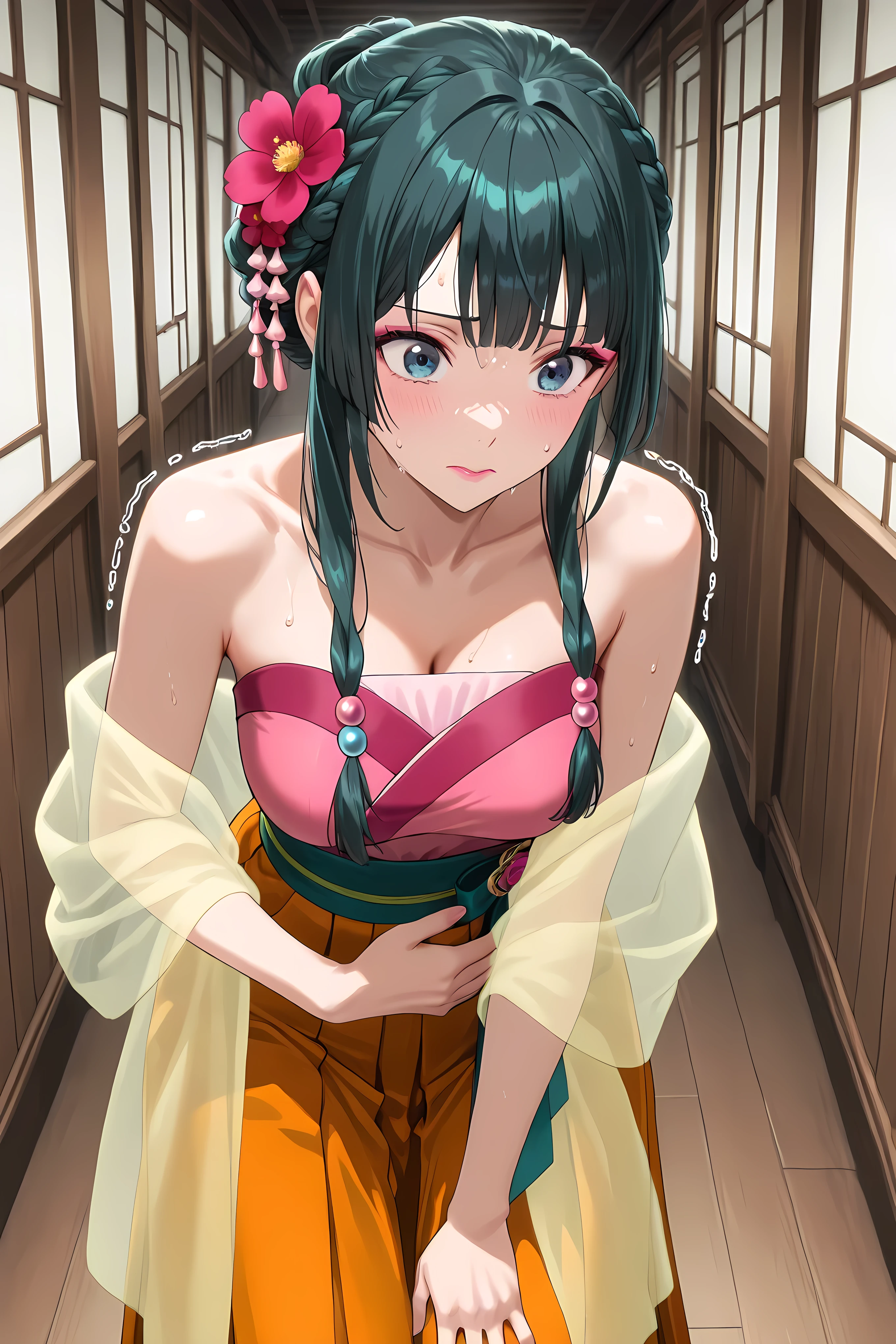 maomao, alternate cute hairstyle, hair flower, red flower, pink flower, hair ornament, braid, half updo, hair beads, hair over shoulder, long sidelocks lipstick, pink eyeliner, ygo-dress, bare shoulders, strapless dress, yellow see-through shawl, green sash, orange hakama,
Solo, general, masterpiece, highres, ultra-detailed, hyper-detailed, best quality, amazing quality, very aesthetic, best hands, best eyes, best hand
adult woman, 1woman, hand on own stomach, sweat, leaning forward, nervous, scared, trembling legs, large wooden hallway,