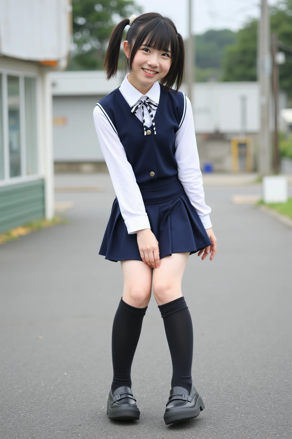 ((masterpiece, top quality, 8k, RAW photo, realistic, ultra highly detailed)), 1 girl, (japanese face:1.4), 18 years old, big smile:1.4, perfect cute face:1.4, symmetrical face, perfect body:1.4, dark brown hair, twin braids hair:1.4, natural makeup, double eyelid, (full body shot, polite standing:1.3, beautiful legs:1.4), ((dark blue sailor suit, long sleeve, dark blue pleats mini skirt, pantyhose, dark brown loafers, have a black bag)), (in campus:1.5)