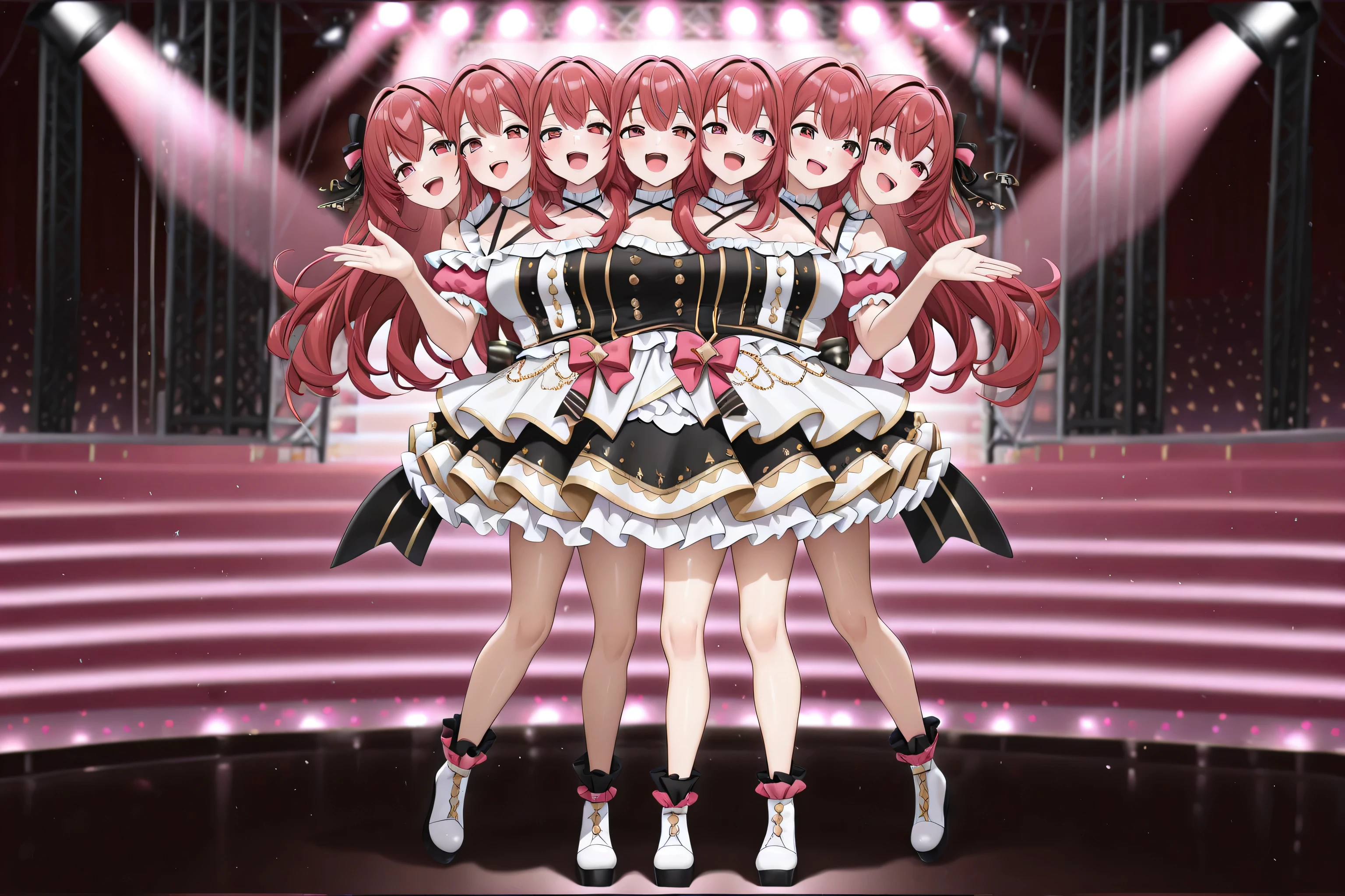 masterpiece, best quality, absurdres, full body, conjoined, 5 heads, 4 legs, idol girl on stage, singing, smile open mouth, dress, long hair, stage light, ((1girl, solo)), rating_safe