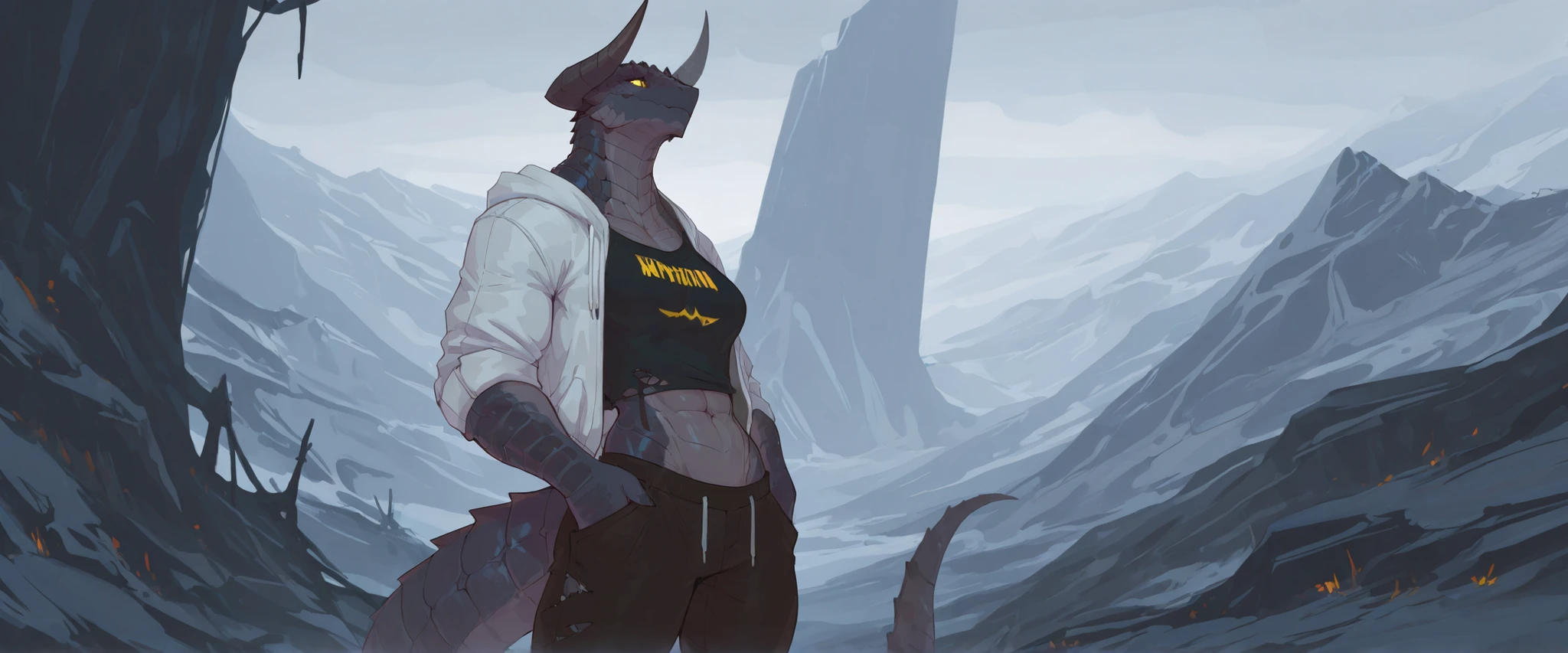 masterpiece, best quality, amazing quality, very aesthetic, fantasy setting, dnd character, solo, dragonborn, absurdres, newest, scenery, extreme detail, 8k, detailed eyes, yellow eyes, by Riolutiny, female, scales on the sides of the face, scalie arms, tall, horns, extremely detailed scales, short spiky white hair, short hair, dark skin tone, wearing white open jacket, rolled up sleeves, torn black shirt under jacket, dark scales, strong tail, wide chest, strong, scales on the sides of the body, wide chest, detailed muscles, strong muscular arms, six pack abs, slightly covered midrif, ripped body, scars on body, curvaceous, dark pants with open hips, muscular hips, proporcional toned body, medium breasts, calm pose, athletic, hands in pockets, tomboy, realistic BREAK background is simple and muted, with a gradient effect and soft, neutral tones.