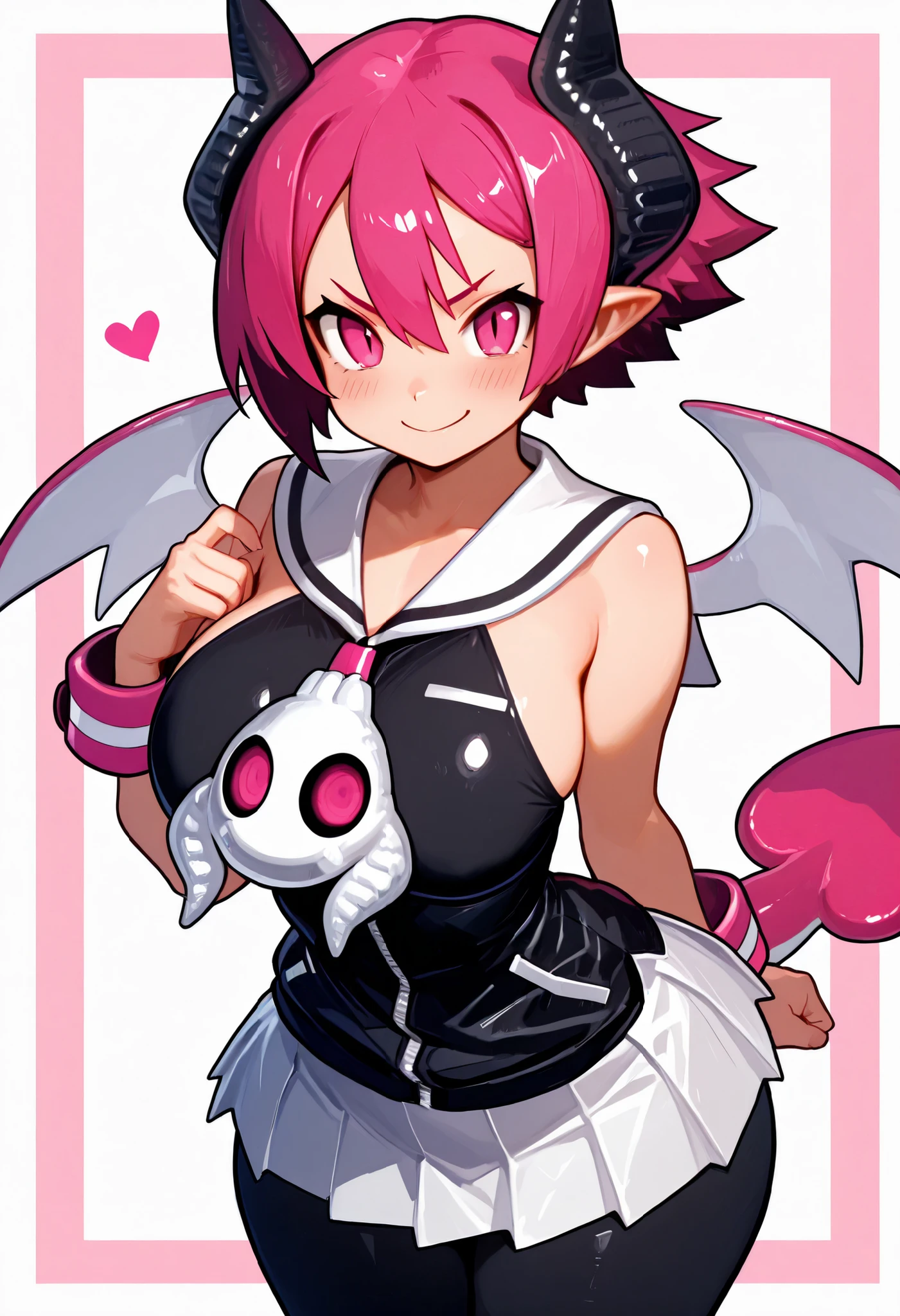 masterpiece, best quality, solo, curvy, beautiful eyes, zzRaspberyl, pink eyes, pink hair, short hair, demon horns, wings, tail, pantyhose, skirt, black pantyhose, demon wings, sailor collar, white sailor collar, large breasts, wide hips, <lora:RaspberylDisgaea_IXL:1.0>,, smile, looking at viewer, cowboy shot, <lora:IckpotIXL_v1:1.0>,