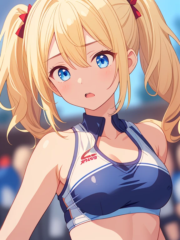 Nezuko from demon slayer, cyberpunk artstyle, Masterpiece, best quality, 1girl, solo, teen, quarter Japanese, blonde hair, long hair, purple eyes, side parted bangs, short bangs, smile, medium breasts, sports , buruma, outdoors, track and field, smug