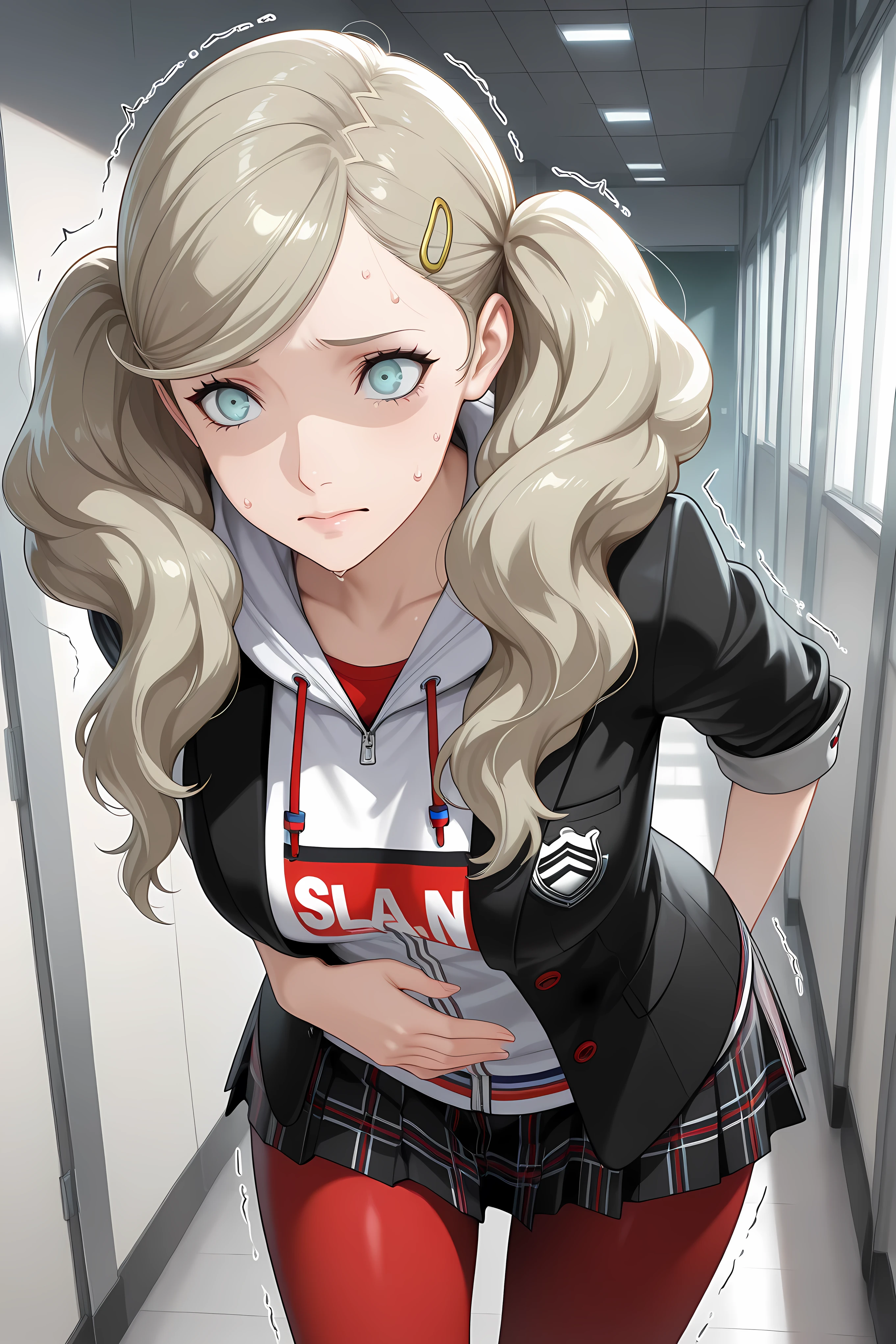 p5ann, takamaki anne, blonde hair, long hair, twintails, swept bangs, hair clip,,p5ann-winuni, blazer, black blazer, school emblem, layered clothes, jacket, open jacket, hood, pantyhose, red pantyhose, miniskirt, plaid skirt, hoodie, hood, hood down, shuujin academy school uniform, sleeves rolled up, Upper body close up. 

Solo, general, masterpiece, highres, ultra-detailed, hyper-detailed, best quality,  amazing quality, very aesthetic, best hands, best eyes, best hand
adult woman, 1woman, hand on own stomach, sweat,  leaning forward, nervous, scared, trembling legs, Japanese school hallway