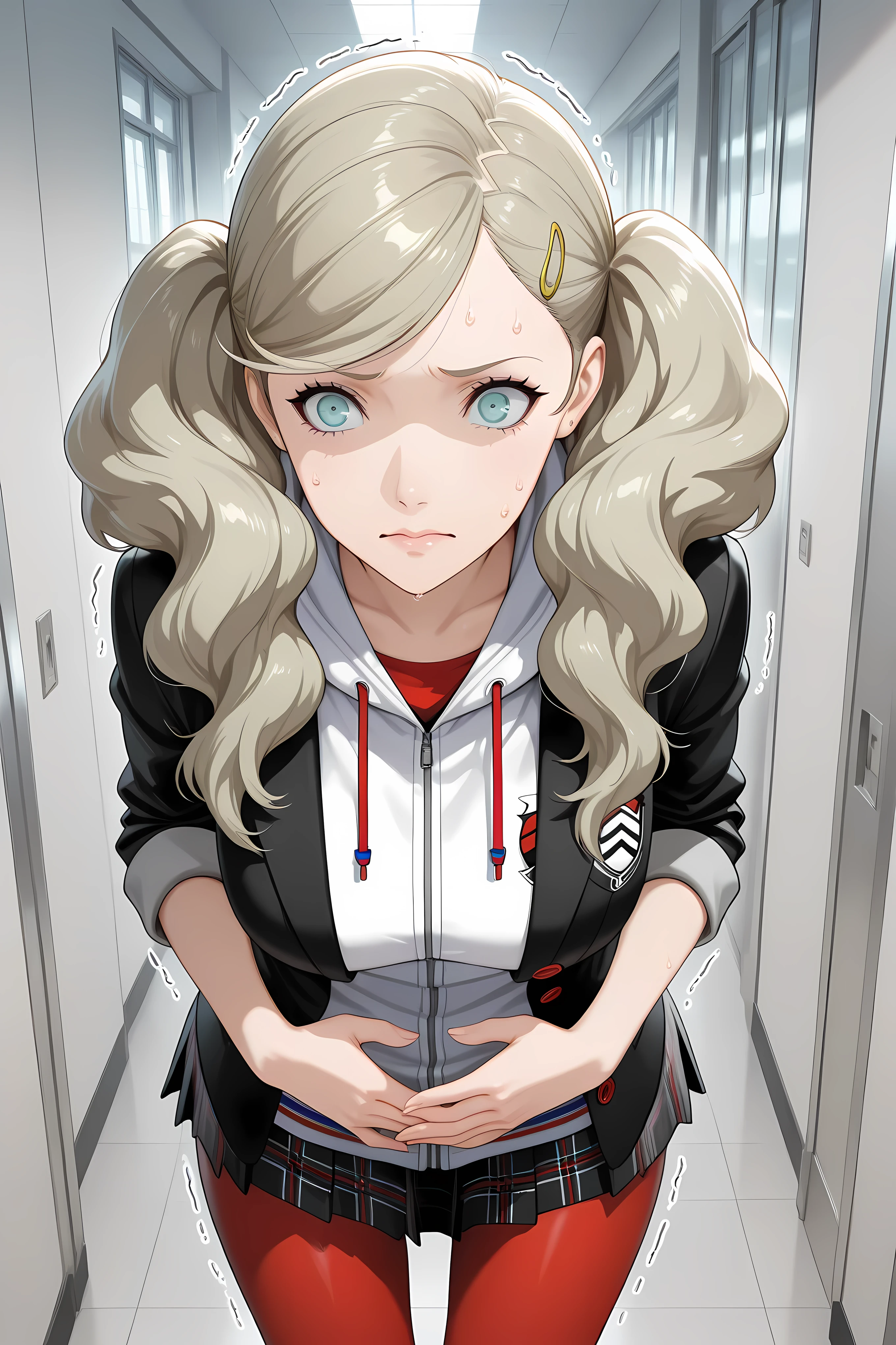 p5ann, takamaki anne, blonde hair, long hair, twintails, swept bangs, hair clip,,p5ann-winuni, blazer, black blazer, school emblem, layered clothes, jacket, open jacket, hood, pantyhose, red pantyhose, miniskirt, plaid skirt, hoodie, hood, hood down, shuujin academy school uniform, sleeves rolled up, Upper body close up.
Solo, general, masterpiece, highres, ultra-detailed, hyper-detailed, best quality, amazing quality, very aesthetic, best hands, best eyes, best hand
adult woman, 1woman, hand on own stomach, sweat, leaning forward, nervous, scared, trembling legs, Japanese school hallway