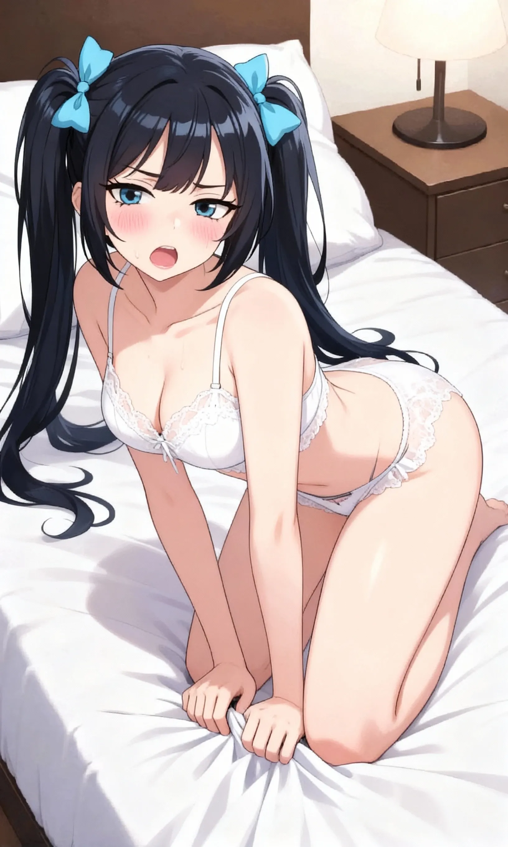 8K、​masterpiece、hight resolution、absurderes、Natural Volumetric Lighting And Best Shadows、Deep Depth Of Field、foco nítido、soft delicate beautiful attractive face、Cute little girl s、Ashamed、negligee、????????????? with cleavage、On a large bed