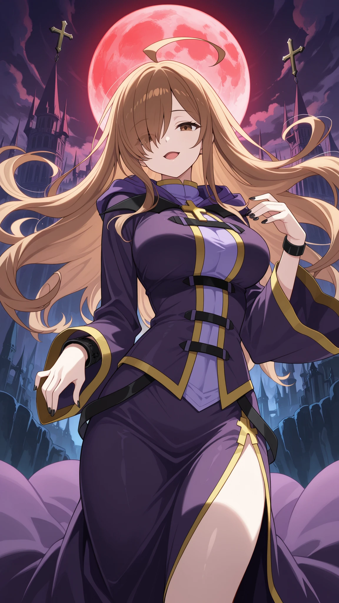 BREAK (masterpiece:1.2),Ancient gothic castle perched on a jagged cliff,  
enormous blood-red full moon rising behind it,  
clouds swirling around the spires,
dark fantasy atmosphere, dramatic lighting, ultra detailed, no people,wiz, ahoge, brown eyes, light brown hair, hair over one eye, long hair,,cross, dress, hood, hood down, jewelry, latin cross, long dress,side slit,sexy dress, long sleeves, purple dress,silk robe, purple robe,black nails,black leather bracelet,looking at viewer,cowboy shot,seductive expression,seductive pose,floating hair,arched back,smile,floating dress,from below,open mouth