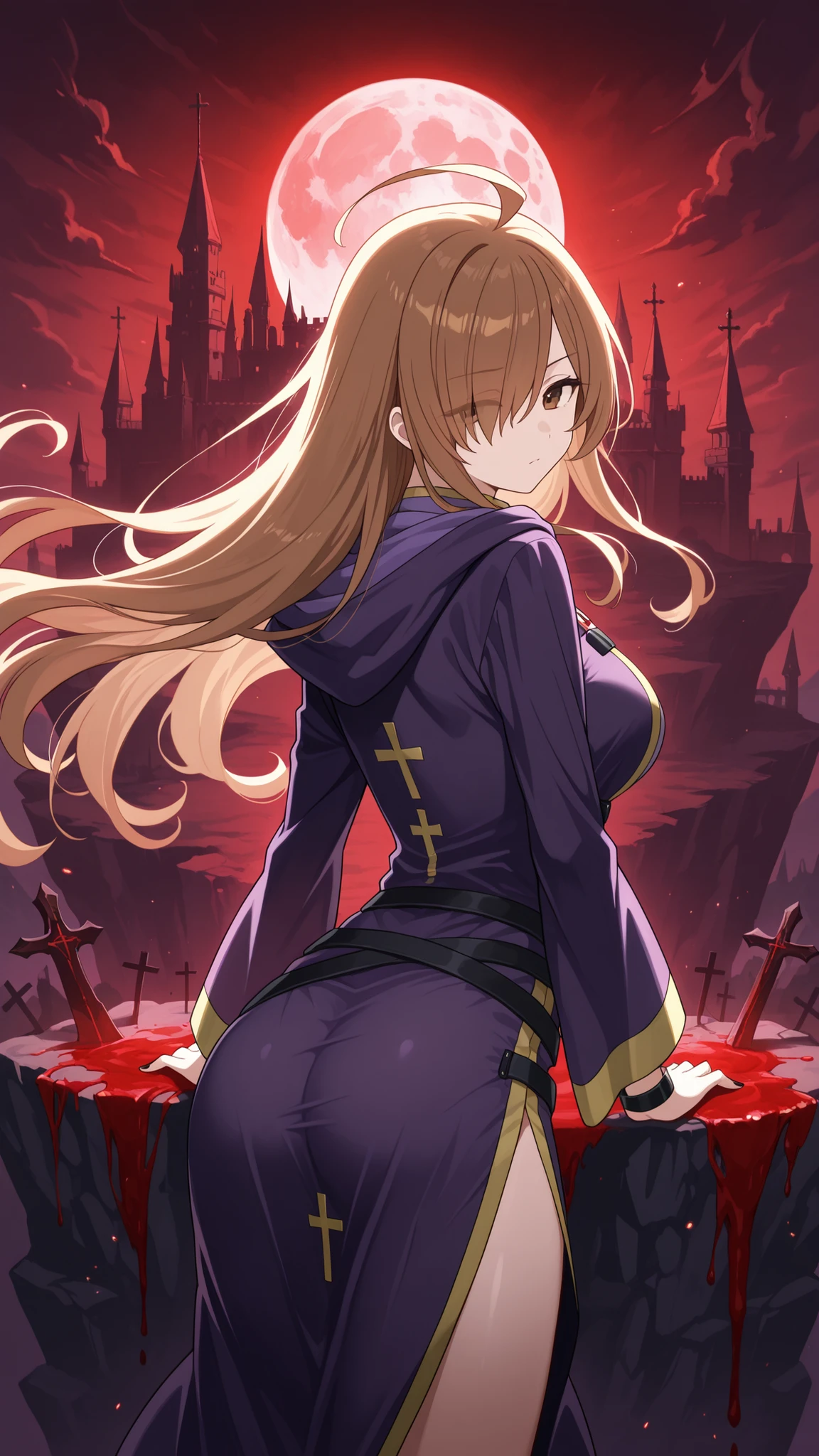 BREAK (masterpiece:1.2),Ancient gothic castle perched on a jagged cliff,  
enormous blood-red full moon rising behind it,  
clouds swirling around the spires,
dark fantasy atmosphere, dramatic lighting, ultra detailed, no people,wiz, ahoge, brown eyes, light brown hair, hair over one eye, long hair,,cross, dress, hood, hood down, jewelry, latin cross, long dress,side slit,sexy dress, long sleeves, purple dress,silk robe, purple robe,black nails,black leather bracelet,looking at viewer,cowboy shot,seductive expression,seductive pose,floating hair,arched back,from behind,back photo,serious face,