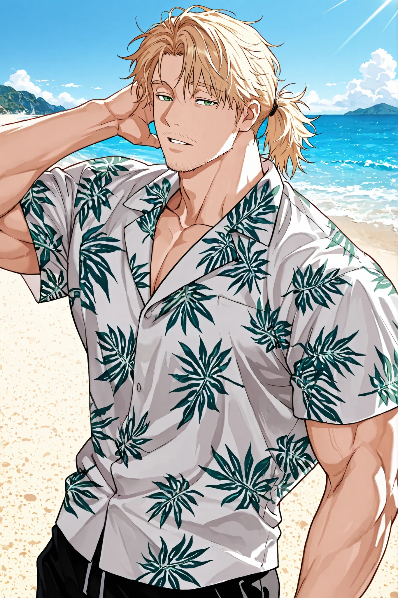 1 male, alone, muscular body, thick arms, messy hairstyle, short blonde hair, long ponytail, green eyes, beatiful eyes, white skin, light stubble beard, neutral face, nonchalant attitude, sleepy face, lazy impression, careless look, black shorts, white short sleeve t-shirt, hawaiian shirt over, upper body, beach background, island landscape, simple scenery, looking at viewer