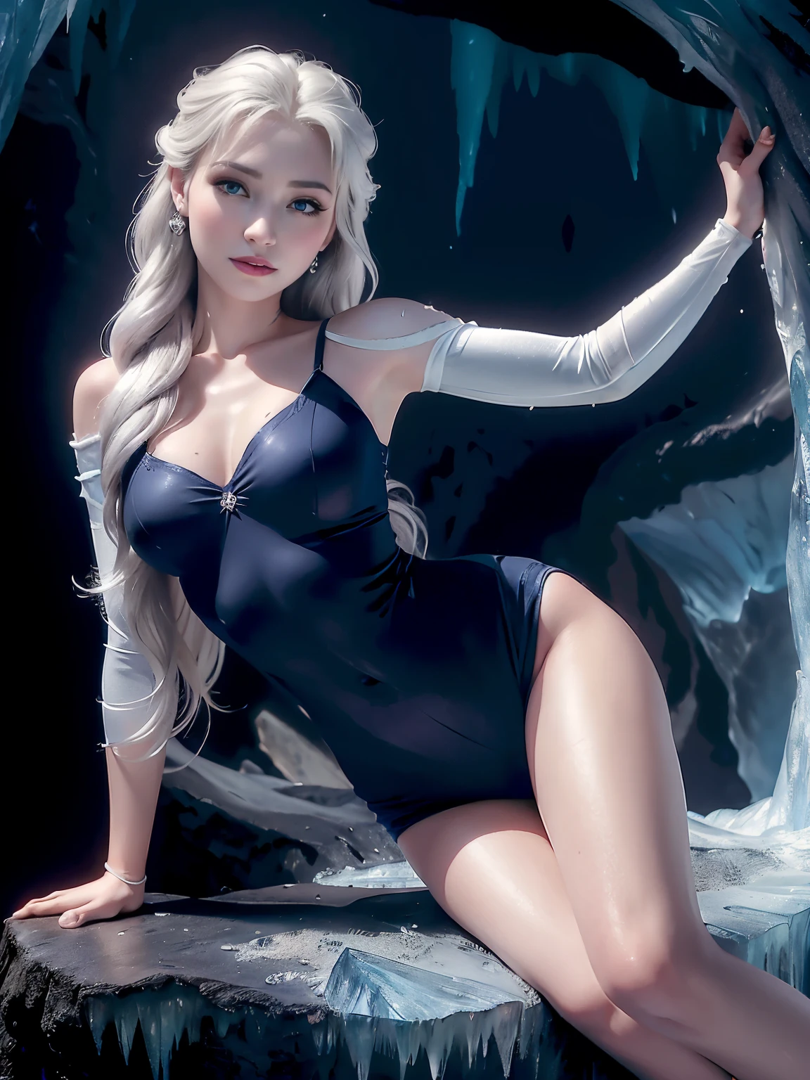 Photo of Elsa Forzen of Arendelle wearing Blue gym outfit, Nice, show breasts, tall, sexy legs, small breast, brighter natural lighting, available natural light, cloudy white balance, morning scene, ((midnight, hyperrealistic, 8k, masterpiece: 1.3)), sublime woman with full body, long legs, focal length: 1.2, figure with small breast，Beautiful woman with perfect figure: 1.4, ((Silver hair, Small breasts :1.2 )), (low chest， ((ice cave, frozen, Yuki))，Very detailed facial and skin texture, there are a lot of people there，eyes detailed, double eyelids, big eyes, nice small breast, 25 years old, crispy breasts, smiling, curls, lipstick, wears earrings, noble beauty, Plum, white skin, hot, small breast are very charming, eye shadow, attractions, frozen, ice cave, dynamic pose.
