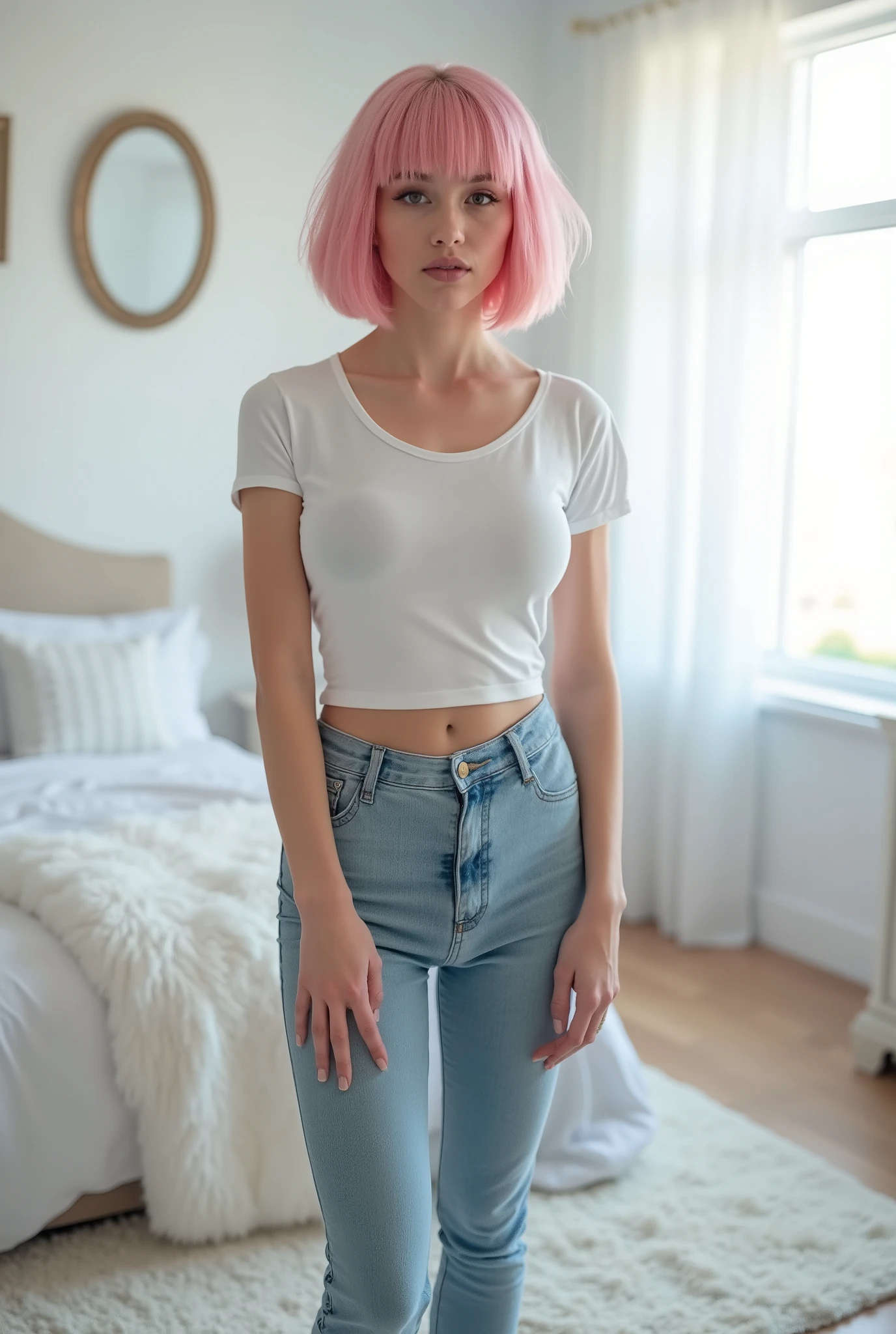 photoreal full body image of a twink, young adult, youthful, caucasian, femboy, androgynous, crossdresser, milky hairless skin, petite slender body, feminine face, winged eyeline, short bob haircut dyed soft pink, wearing cropped t-shirt, wearing skinny jeans, standing in an alluring pose in a white themed bedroom with fluffy carpet, daylight, submissive, devote, shy