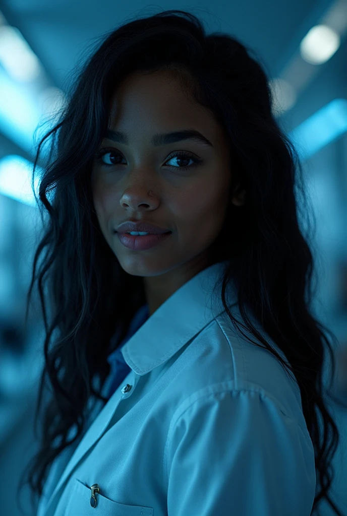 (Muscular:0), (thick thighs:0), (large round breasts:0), (large muscular chest and shoulders:0), FEMALE, brown hair, long brown hair, (big smile:0), (wearing a tight blue short sleeve Polo shirt and skirt:1.5), looking at viewer, (three quarter view:1.2), upper body view, (school hallway:1.5), dark lighting, detailed skin, detailed eyes, (dark skin:1.1), (very thin waist:1.3), (huge round muscles:0),