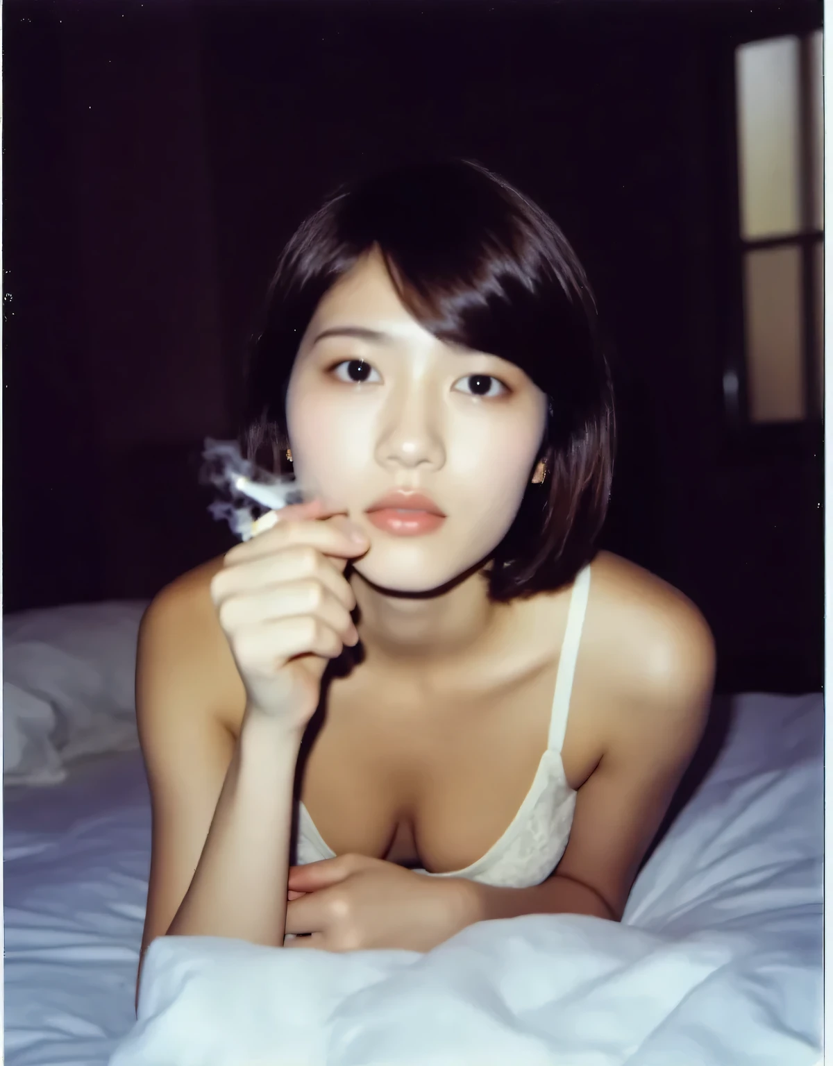Perfect fingers, alone, (Polaroid quality), dark bedroom, soft lighting. Facing forward. ((Wearing ivory-white lace bra and panties)) A slender woman is smoking a cigarette while relaxing on a bed in a love hotel. ((Smoke coming from the cigarette)) ((Smoking rating: 1.5)) A photo of her smoking a cigarette. ((Brown hair color, short hair, hairstyle)), looking straight ahead. (Took with a Polaroid camera.)