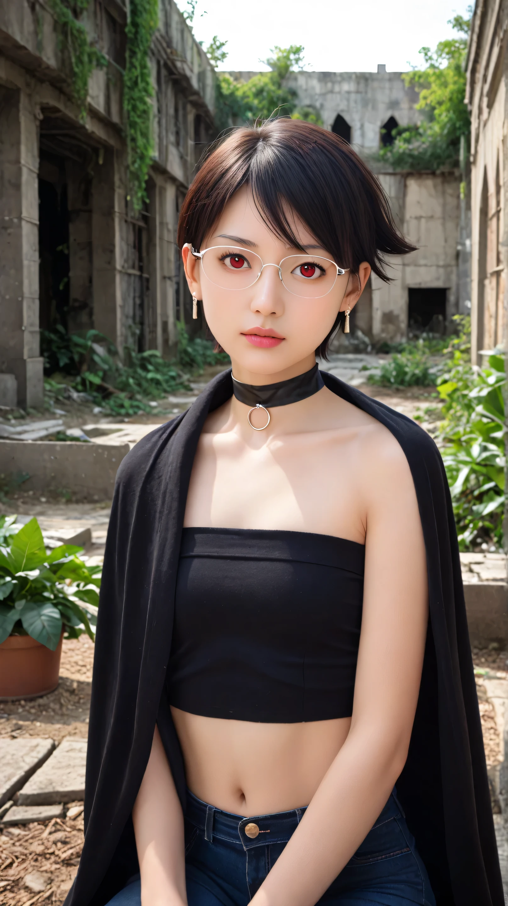 Masterpiece, best quality, 8k, ultra high resolution, photorealistic, cinematic composition,1girl, solo,sarada uchiha,red eyes,red eyes, black hair,(very short hair:1.5),outdoors,potrait,small breast,nature,sitting on ruins,navel,wear glasses,close up,earings,bare shoulders, looking at viewer, big wave,(cloak:1.5),navel,Masterpiece, best quality, 8k, ultra high resolution, photorealistic, cinematic composition. Amid crumbling ruins of a post-apocalyptic city,plants a small rose garden. Broken concrete, collapsed buildings, and rusted metal surround him, yet fresh green sprouts push through the soil. Her hands are covered in earth as he gently sets young plants into the ground.sunrise pierces through heavy clouds, illuminating the greenery with a soft glow, symbolizing hope and rebirth. Dust and mist linger in the air, dramatic shadows across the ruins. The contrast between lifeless gray ruins and vibrant green plants creates a powerful emotional impact. Professional photography, detailed environment, cinematic lighting, atmosphere of resilience and renewal.nuclear power plant,(chokers:1.5),tube top