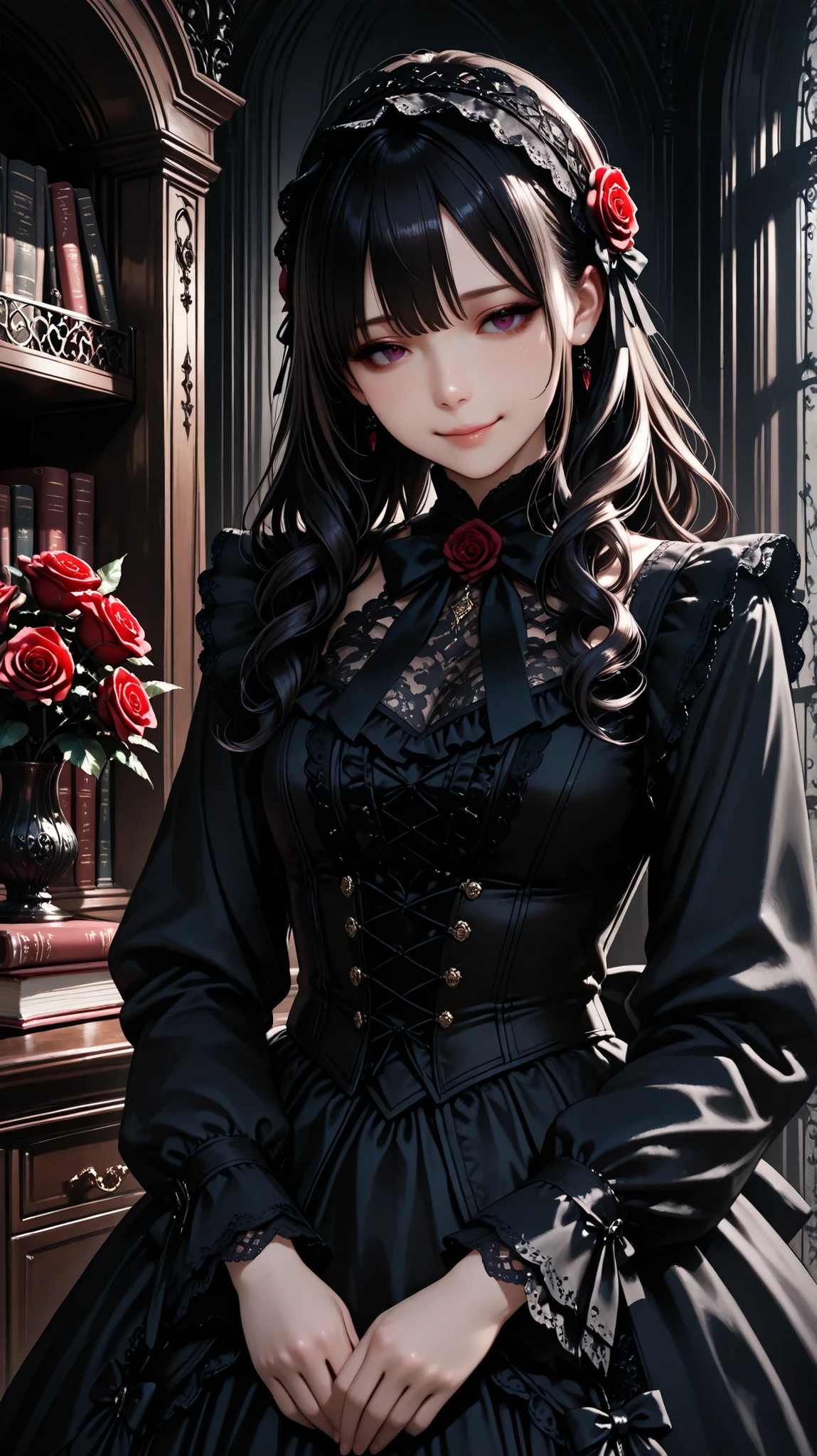 cute girl with swirling hair on the right, black tuxedo , intricate lace and frills , victorian costume , big roses , cute gothic doll , intricate lace and frills , Dark color scheme, Elegant, Detailed Outfits, kind expression,Gentle smile, Dark Theme, Sumptuous Library,Luxurious Books Scattered In The Hall,
Fantasy Style, Delicate Accessories , Magical Atmosphere,fine-grained,semi-realistic,Wonderful,clear image,intricate details,Highly Detailed CG Unity 8k Wallpaper,Wonderful,clear image,Air Generation,AI Assisted ,masterpiece,3D, Highest Quality, high resolution,