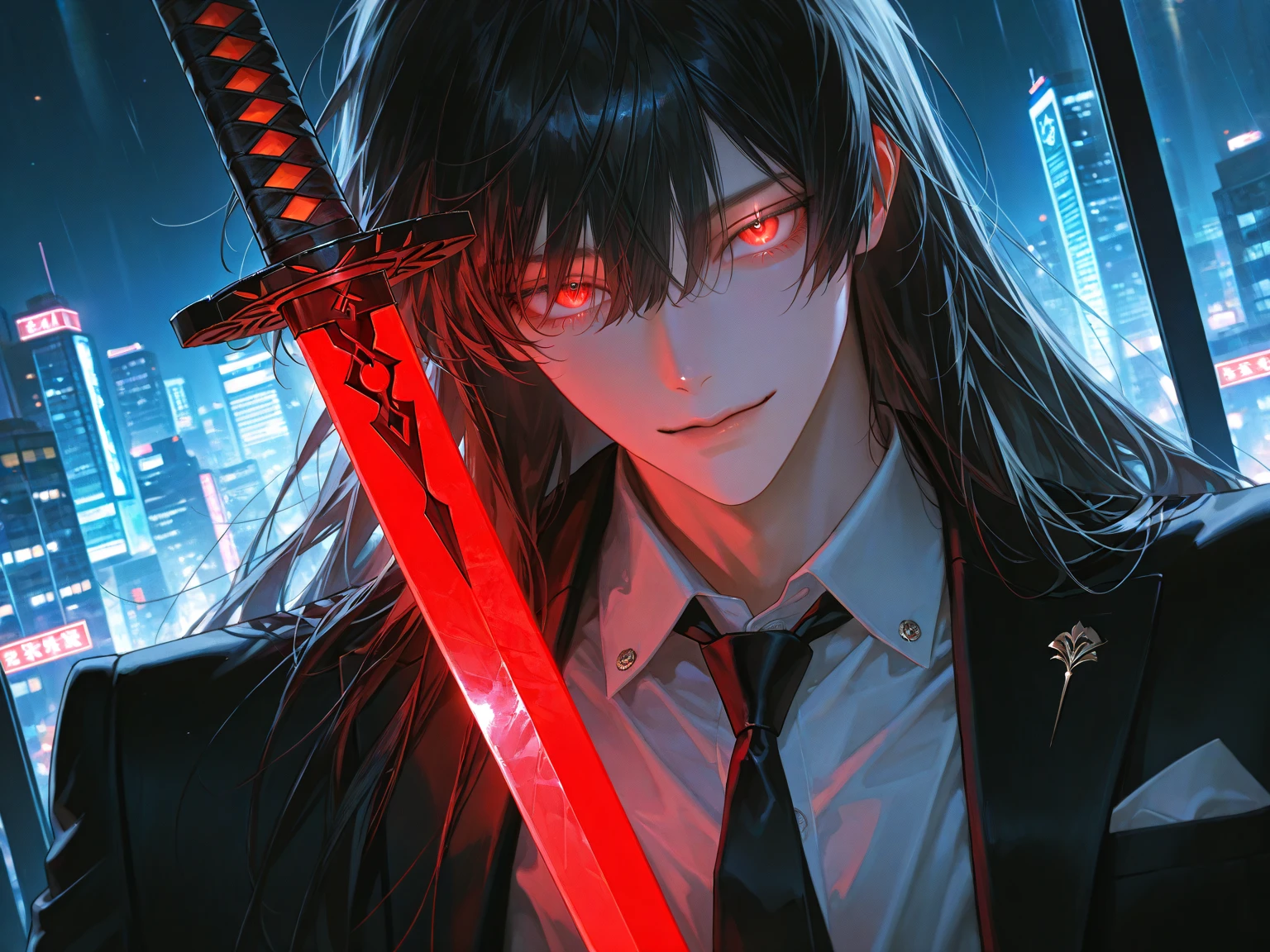 (best quality), masterpiece,Ultra Detailed,1man，Masculinity，a black-haired，Long hair，Red Eyes，Gorgeous dark atmosphere, Wear a black suit，Late Night, moon