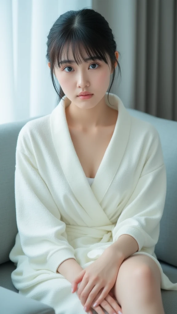 korean model , slim body , 167cm ，Movie Angle，long black ponytails hairstyle, （Cute girl， correct, bathrobe，（ art，geomerty），（plethora of colorest quality，high detal，tmasterpiece，Cinematic lighting effects，4K，Chiaroscuro）,  on the bed