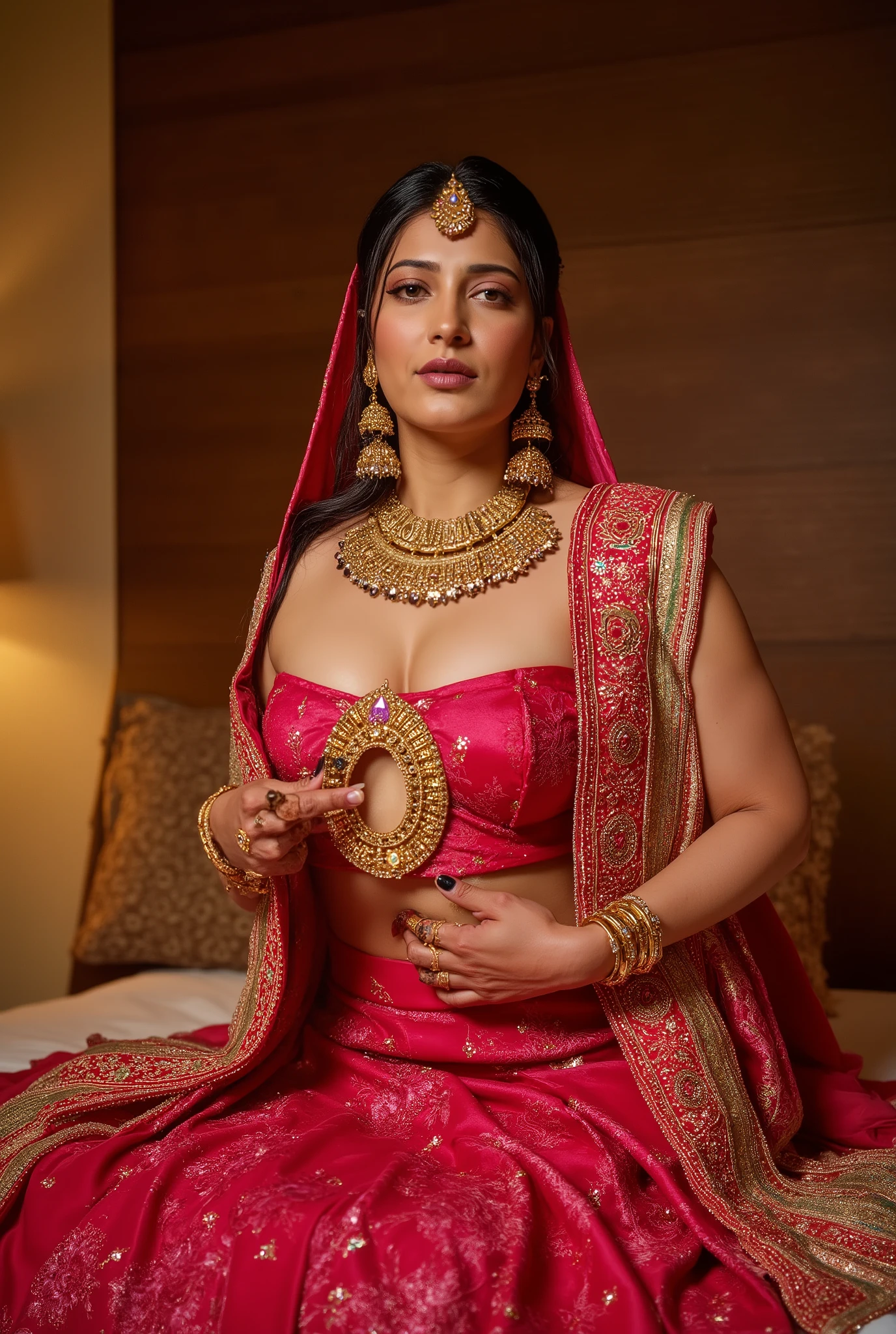 (((masterpiece))) indian princess , she's completely nude, big breast deep cleavage, 8k, hyper realistic, Full body photo portrait of beautiful indian women, perfect nipple, perfect nipple size, wearing lots of jewelry, jeweled head gear and crown , gold nose ring, mahendi on hands, she is bride, she is sitting naked on a beds,
, looking at viewer, lense flare, (realistic eyes, symmetric face:0.8) (masterpiece:) (photorealistic:1.2) (bokeh) (best quality) (detailed skin) (intricate) (8k) (HDR) (cinematic lighting) (sharp focus), big breast, sparkling day dreams eyes. Navel .NSFW...