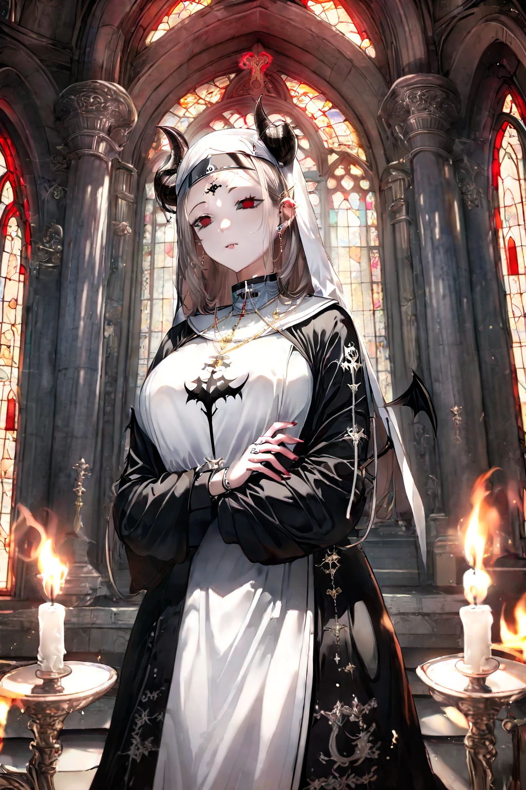 Masterpiece, 4k, high quality, 1 girl,white short hair like fire, white horns, angry raging expression,blue patterned monk robe, white gloves, summoning circles out of her hands, elf ears, pale white eyes , in the night, in front of the gates of hell , Catholic cross on neck , hole in  dripping blood, tore garment, crown of blood on top of her head, bowing making a prayer, with a heavenly light on top , steam evaporating from her body, multiple crows flying around