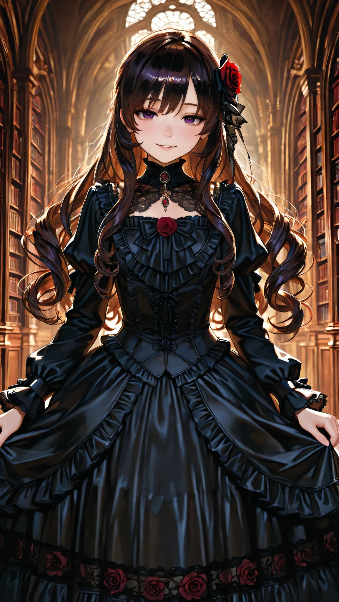 cute girl with swirling hair on the right, black tuxedo , intricate lace and frills , victorian costume , big roses , cute gothic doll , intricate lace and frills , Dark color scheme, Elegant, Detailed Outfits, kind expression,Gentle smile, Dark Theme, Sumptuous Library,Luxurious Books Scattered In The Hall,
Fantasy Style, Delicate Accessories , Magical Atmosphere,fine-grained,semi-realistic,Wonderful,clear image,intricate details,Highly Detailed CG Unity 8k Wallpaper,Wonderful,clear image,Air Generation,AI Assisted ,masterpiece,3D, Highest Quality, high resolution,