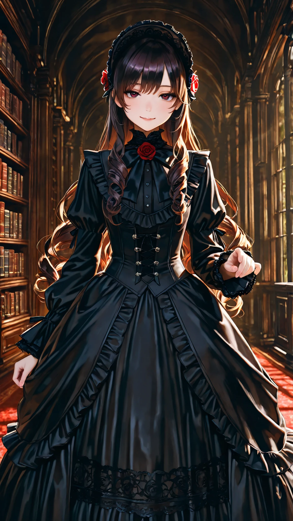 cute girl with swirling hair on the right, black tuxedo , intricate lace and frills , victorian costume , big roses , cute gothic doll , intricate lace and frills , Dark color scheme, Elegant, Detailed Outfits, kind expression,Gentle smile, Dark Theme, Sumptuous Library,Luxurious Books Scattered In The Hall,
Fantasy Style, Delicate Accessories , Magical Atmosphere,fine-grained,semi-realistic,Wonderful,clear image,intricate details,Highly Detailed CG Unity 8k Wallpaper,Wonderful,clear image,Air Generation,AI Assisted ,masterpiece,3D, Highest Quality, high resolution,