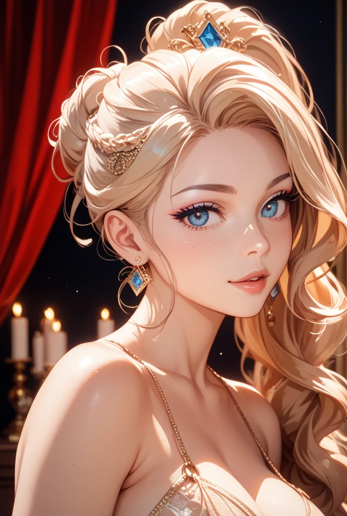 rating:safe, jewelry, earrings, 1girl, solo, long_hair, wavy_hair, , lips, bare_shoulders, looking_at_viewer, blonde_hair, dress, strapless, upper_body, , necklace, forehead, strapless_dress