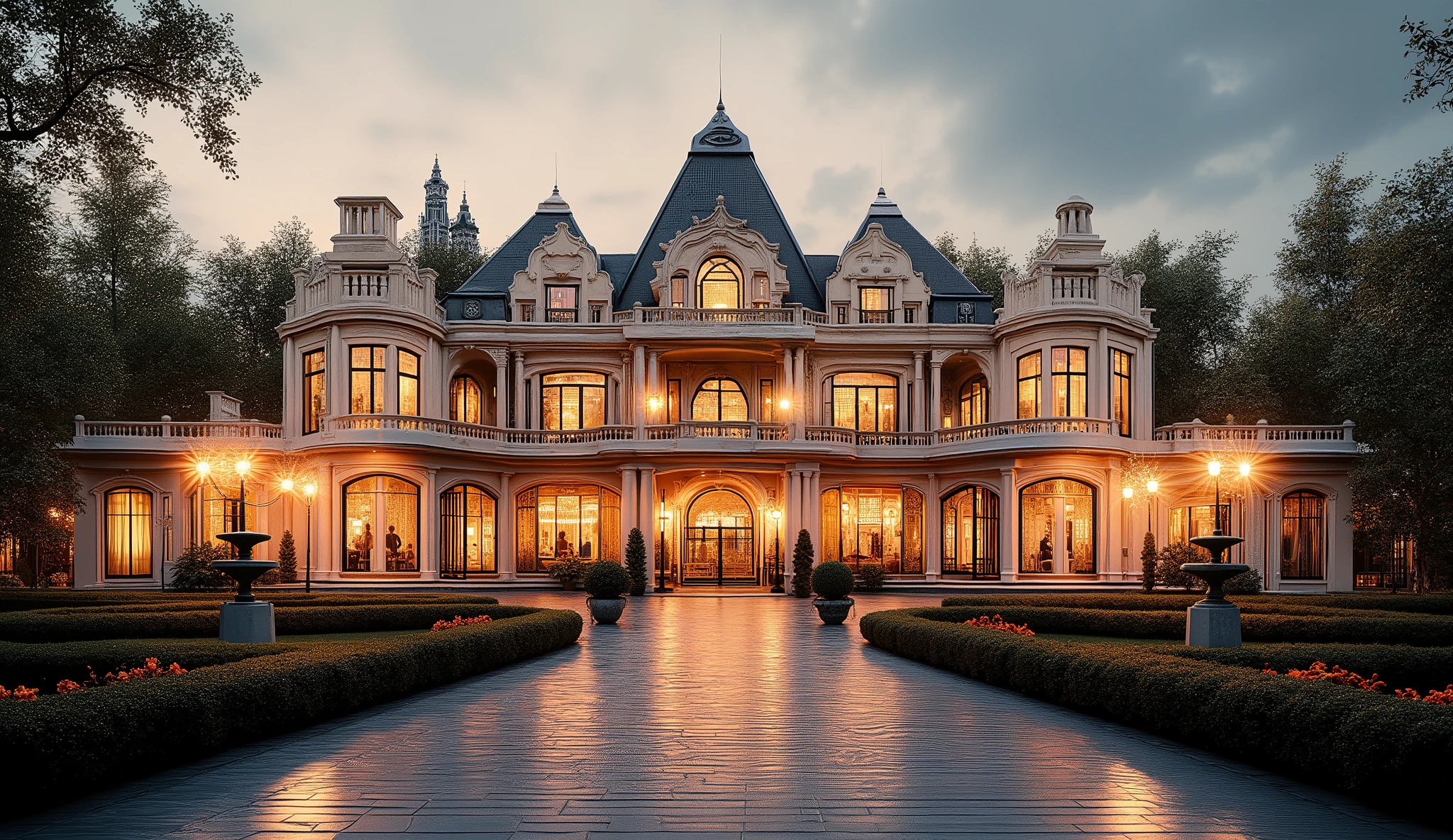 a row of opulent mansions, beautiful gardens, detailed architecture, ornate facades, manicured hedges, lush flower beds, stone fountains, cobblestone pathways, impeccably landscaped, golden gates, elegant entryways, towering columns, stained glass windows, baroque styling, photorealistic,masterpiece,8K,hyperdetailed,4K,ultra-realistic,cinematic lighting,dramatic shadows,warm color palette,vibrant colors,golden hour